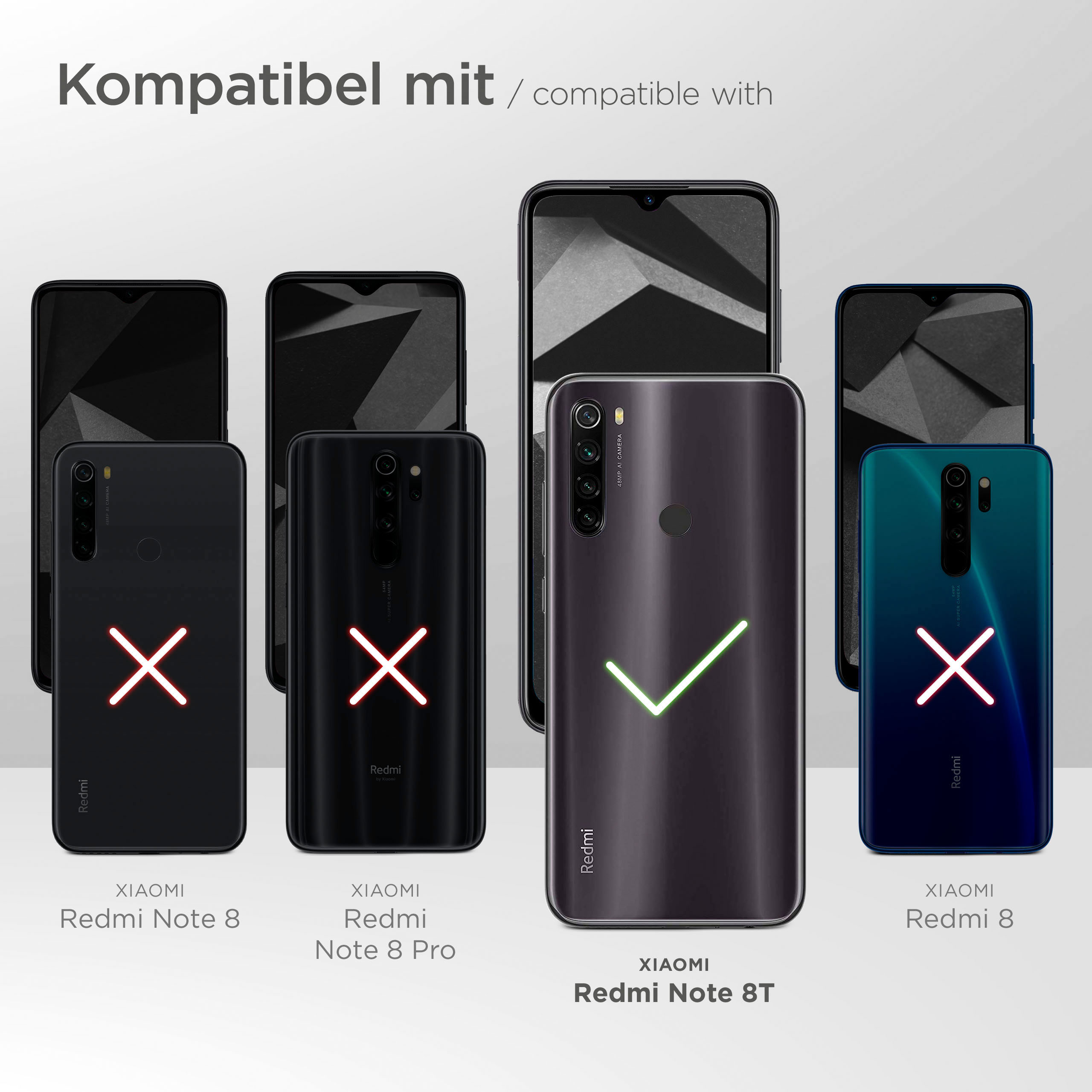 Telefone mit rotem X und grünem Häkchen, die Kompatibilität anzeigen. Schwarz-grauer Hintergrund.