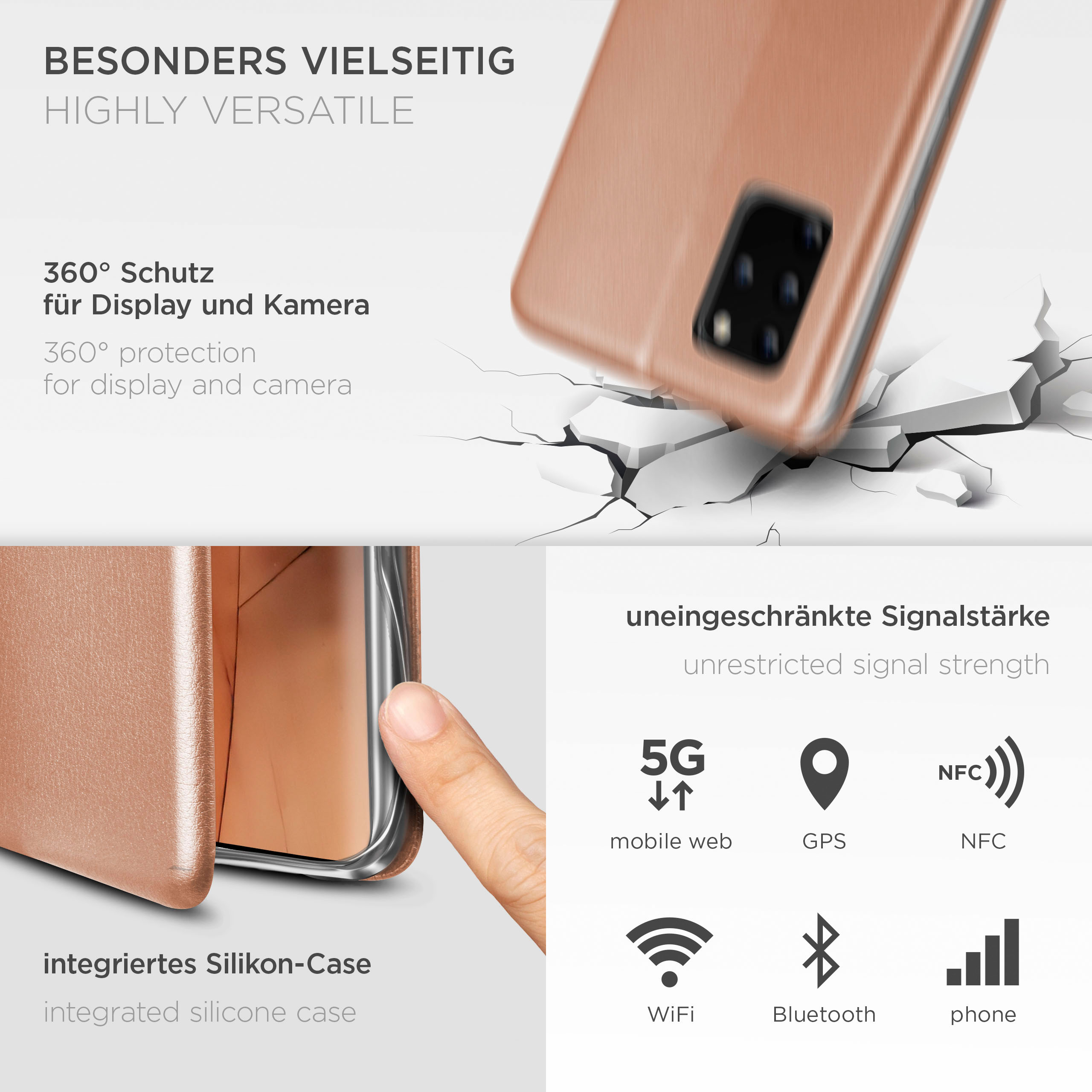 Roségoldfarbene Handyhülle mit Telefon, Infografiken und Riss. Der Hintergrund ist weiß.