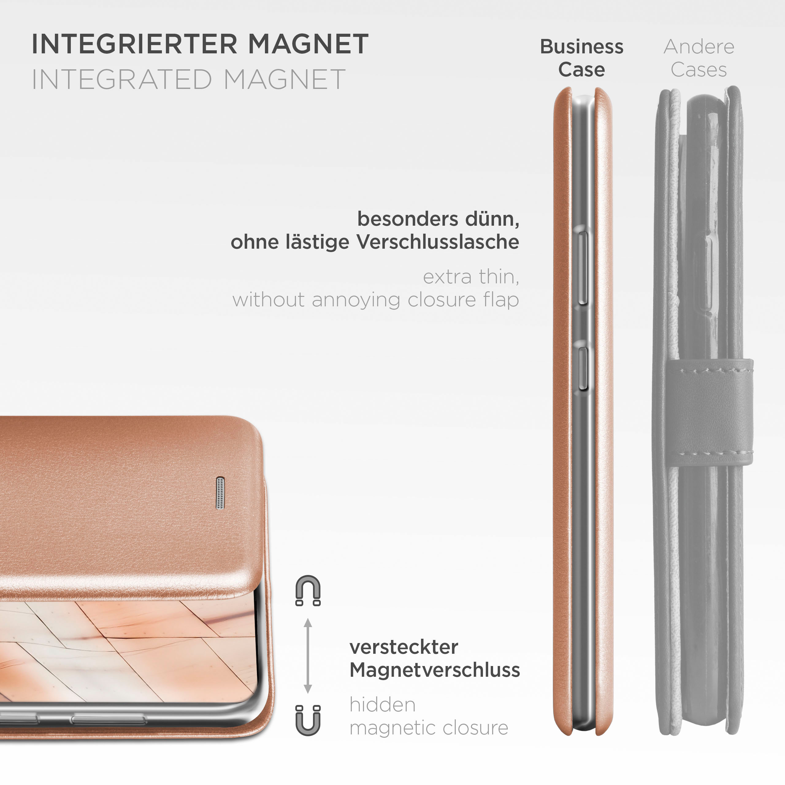 Roségoldenes Handy-Case. Integrierter Magnet, schlankes Design und versteckter Magnetverschluss.