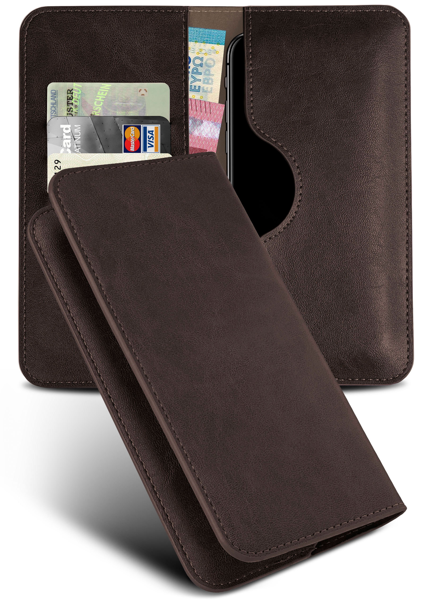 Dunkelbraune Leder-Handyhülle. Sie hat Kartenfächer und eine Handytasche.
