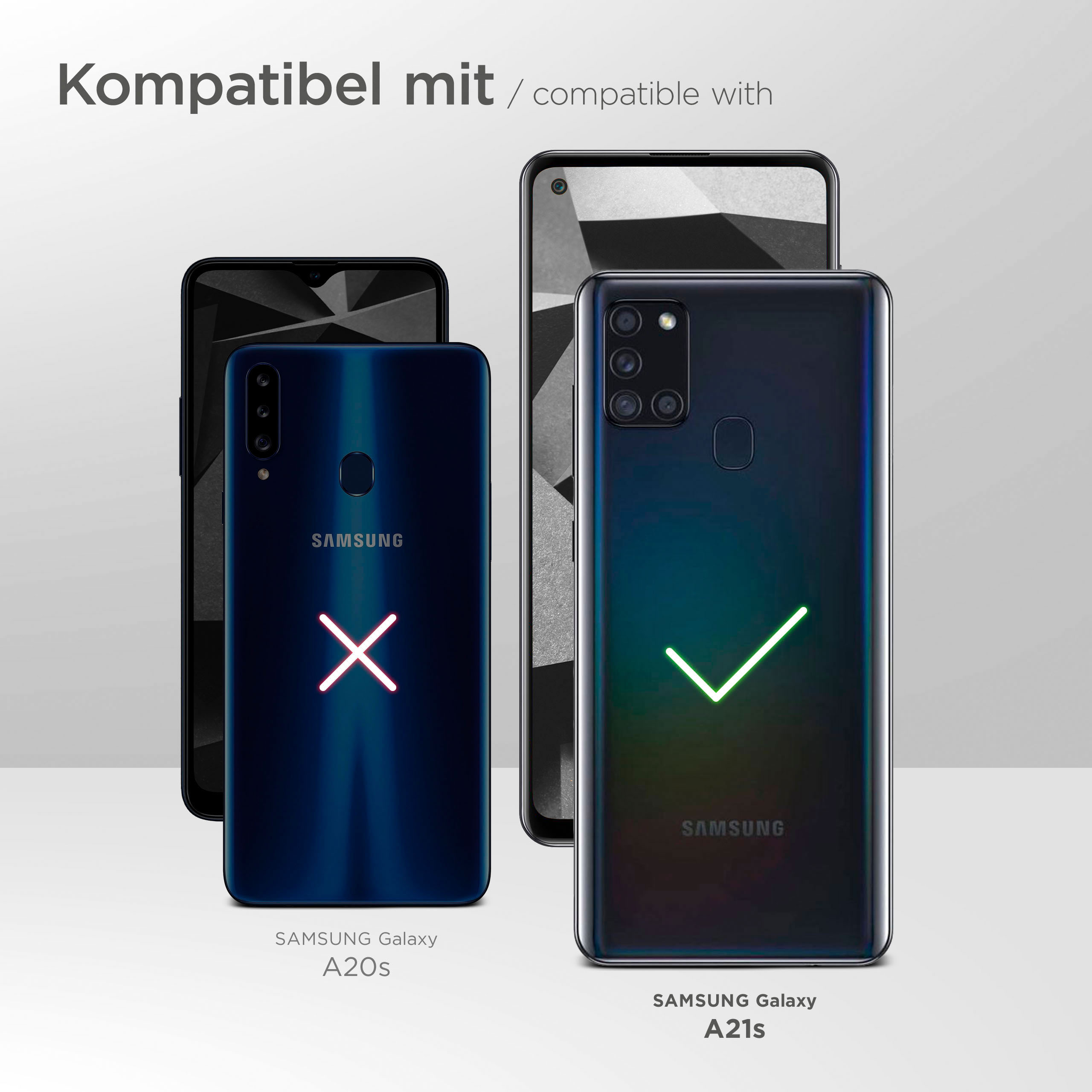 Telefone und Text: Kompatibel mit Samsung Galaxy A20s und A21s. Häkchen und X-Markierung.