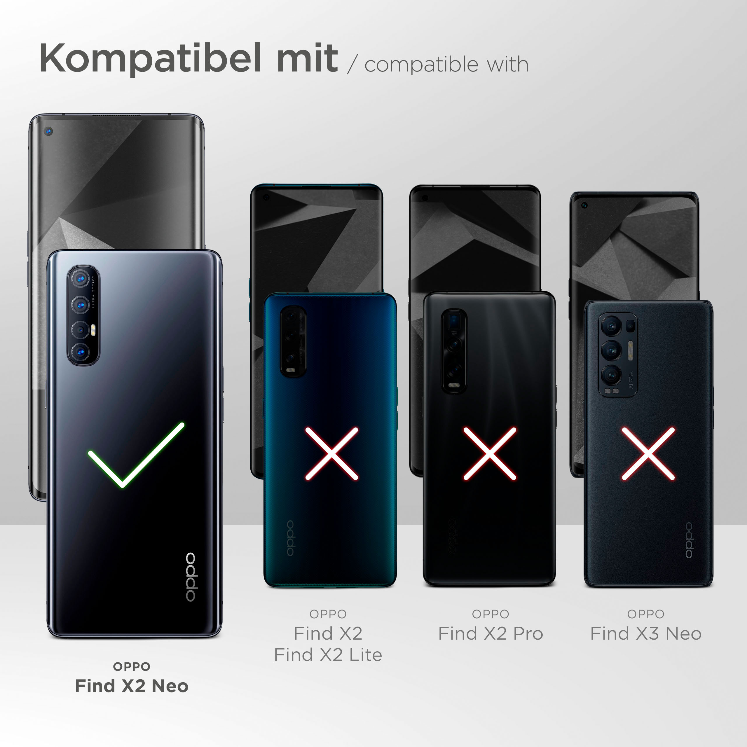 Telefon-Kompatibilitätsgrafik. Oppo Find X2 Neo ist mit einem Häkchen hervorgehoben. Andere Modelle haben rote X-Marken.