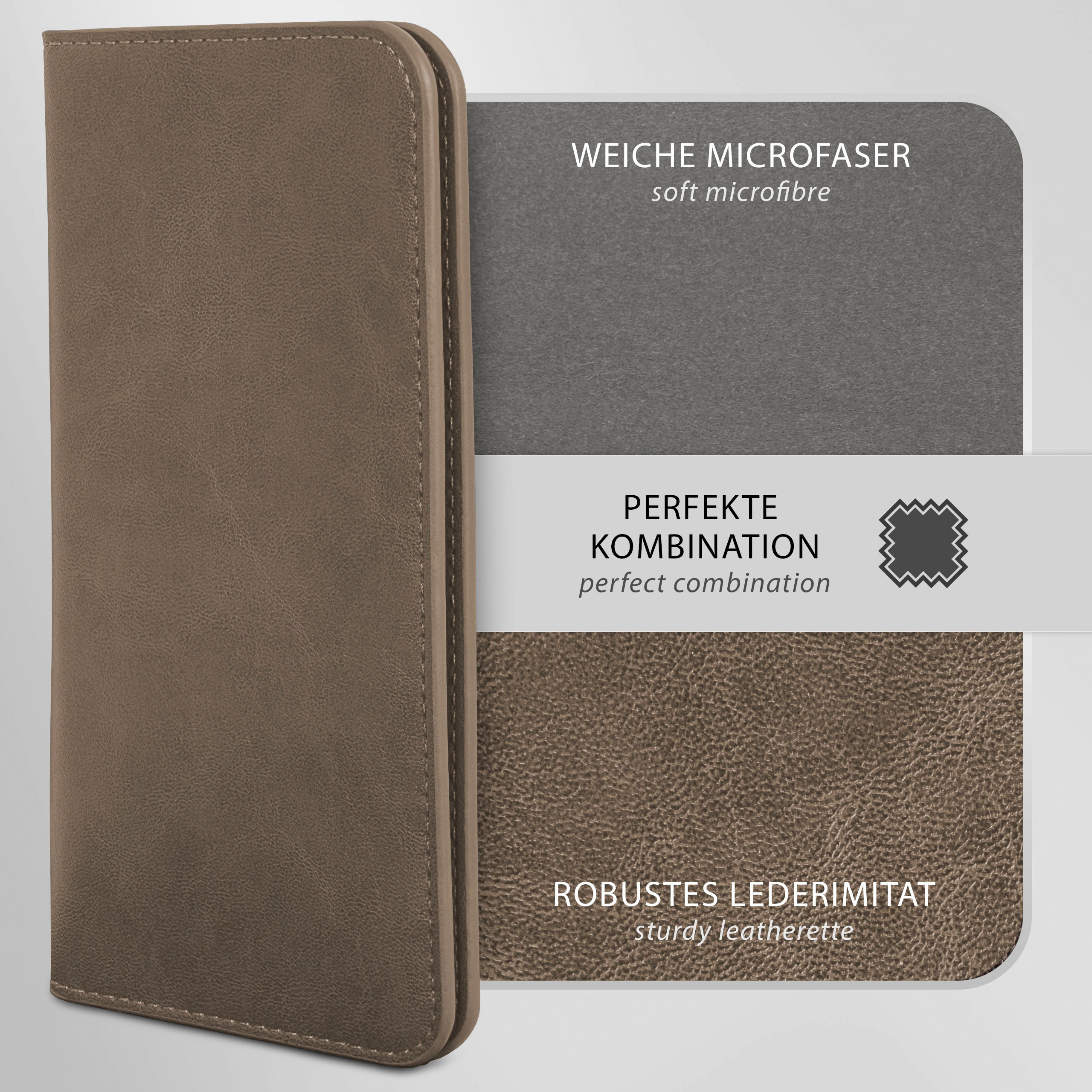 Nahaufnahme einer braunen Lederhülle, mit Text über weiche Mikrofaser und robustes Kunstleder.