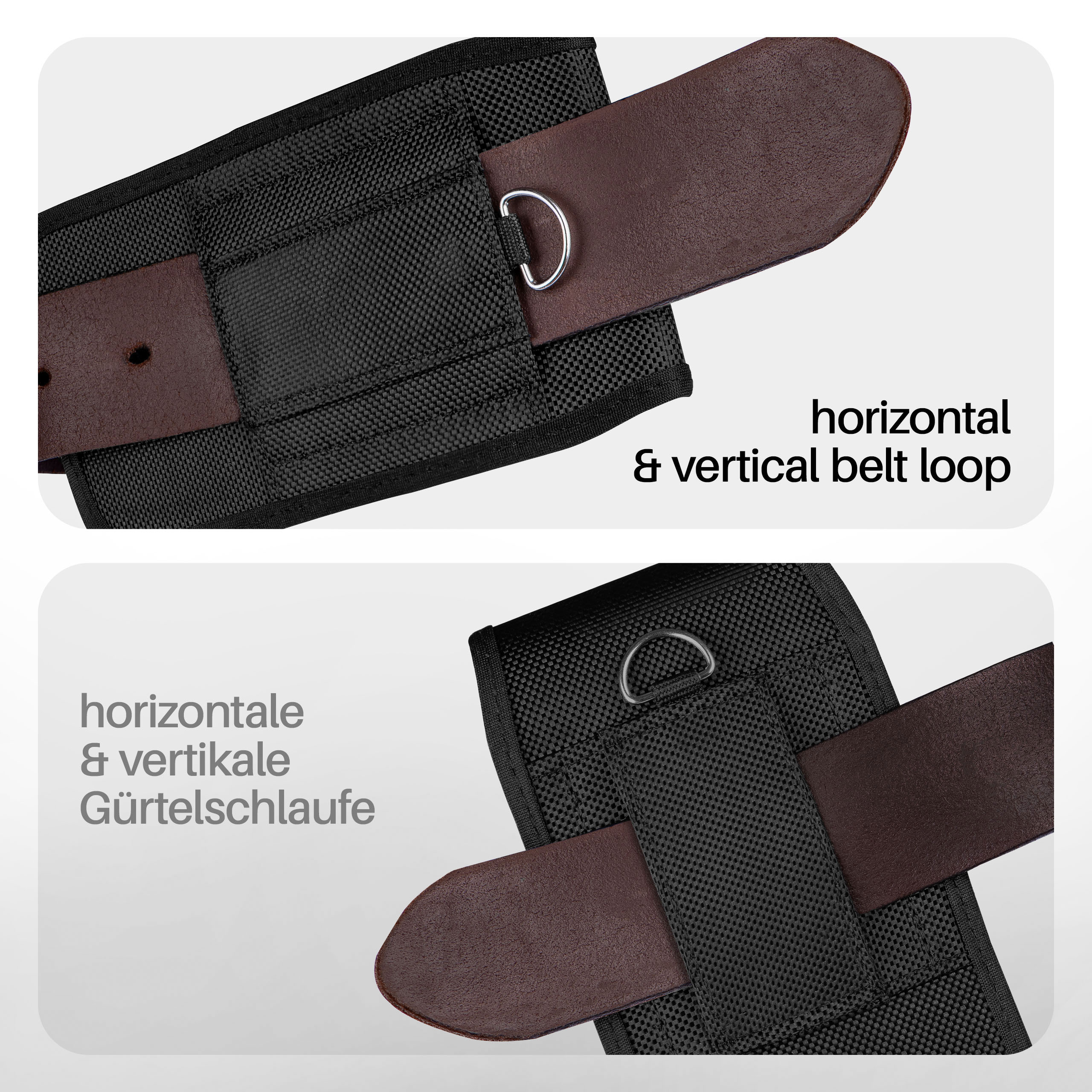 Nahaufnahme von Gürtelschlaufen. Eine ist ein D-Ring mit braunem Lederriemen.