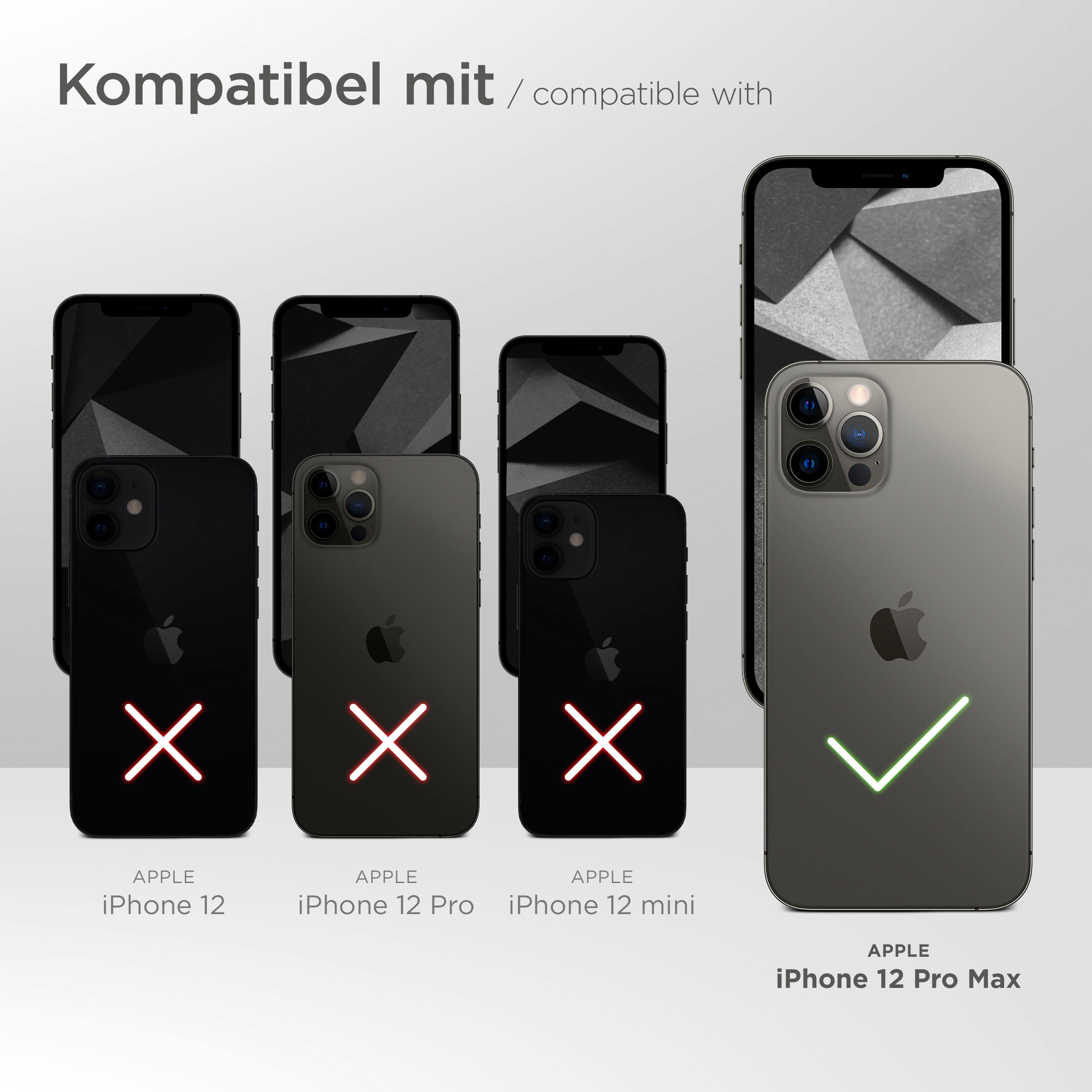 Das Bild zeigt, dass das Apple iPhone 12 Pro Max kompatibel ist, andere nicht. iPhone 12, 12 Pro, 12 mini nicht.