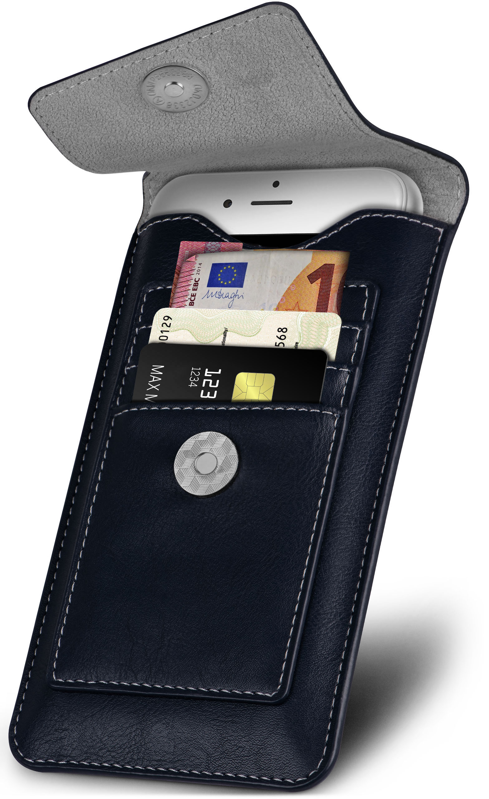 Marineblaues Leder-Handycase mit weißem Telefon, Geld und Karten in Taschen.