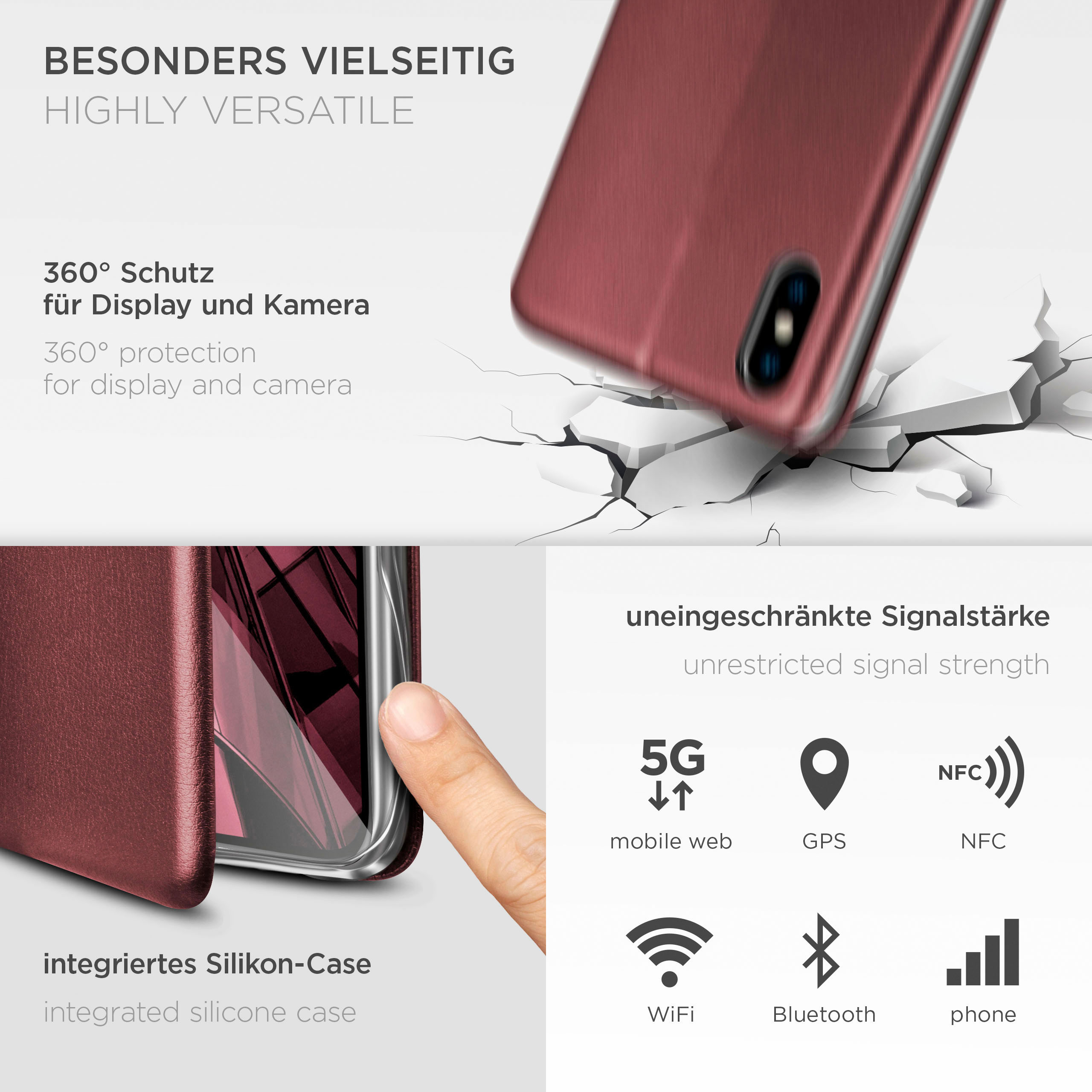 Rote Handyhülle mit Grafiken. Symbole für mobiles Web, GPS, NFC, WLAN, Bluetooth und Telefon.