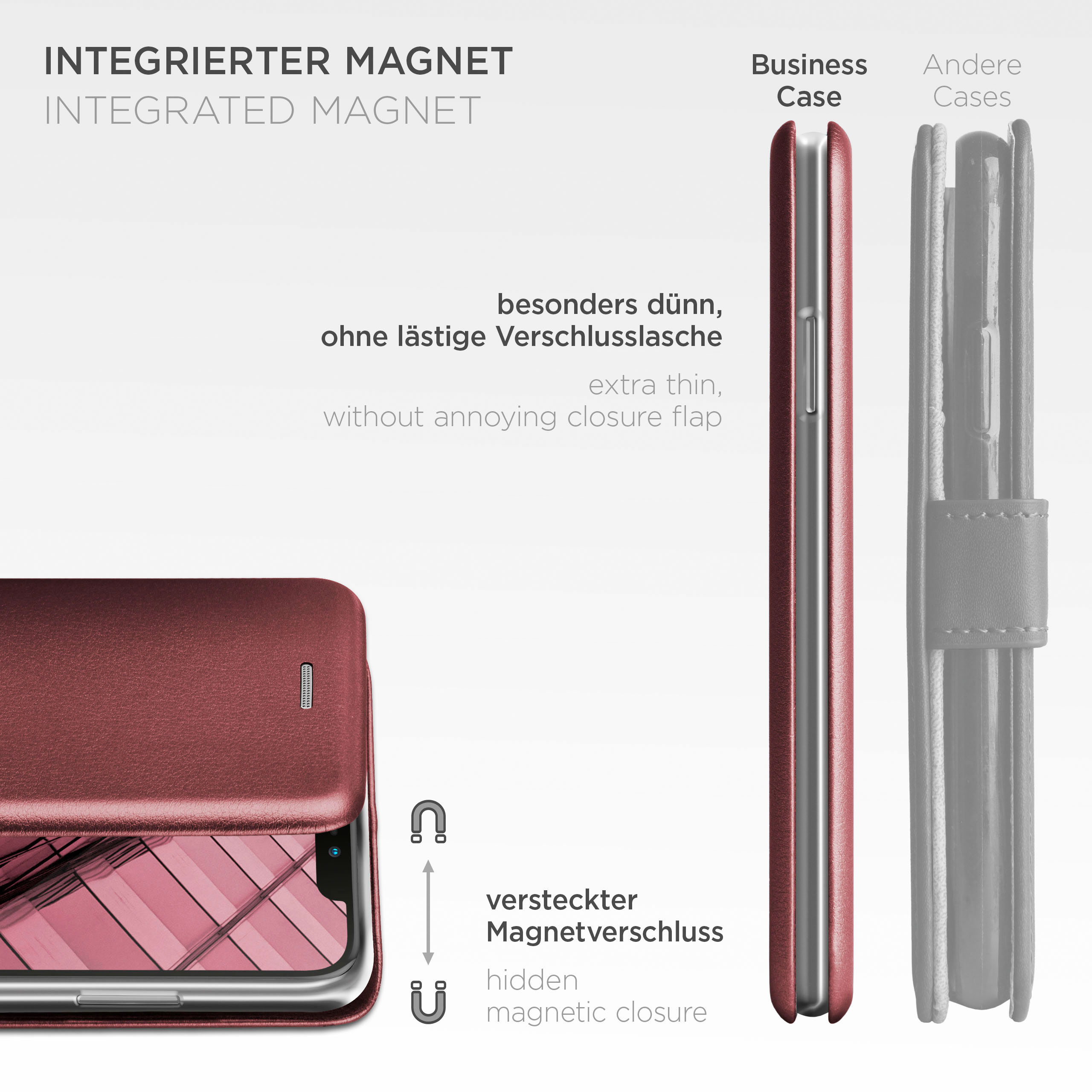 Rote Handyhülle mit Magnet, extra dünn. Seitenansicht und Vergleich.