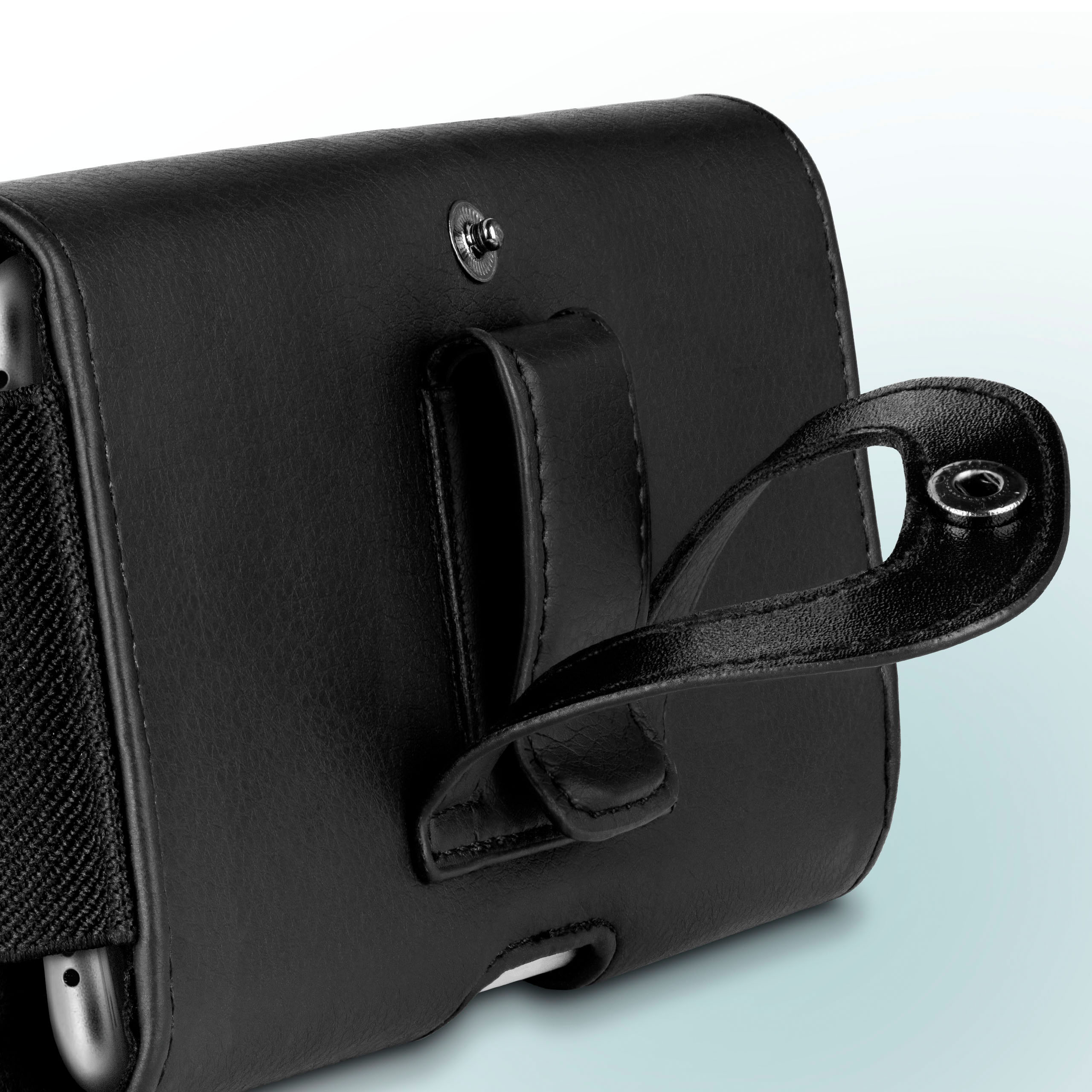 Schwarze Leder-Handyhülle mit Gürtelclip und elastischem Band zur Telefonbefestigung.