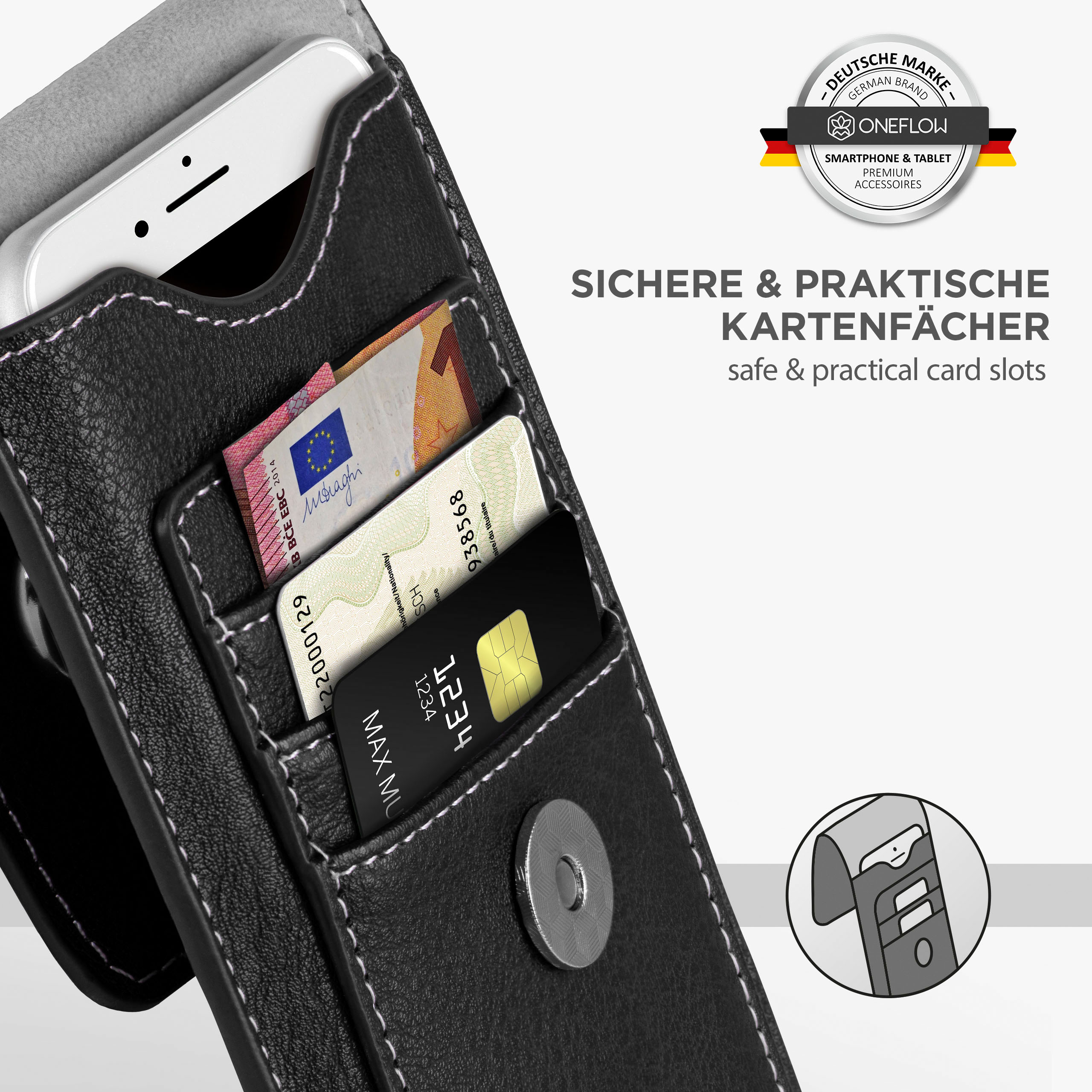 Handyhülle mit Kartenfächern und Text: „sichere & praktische Kartenfächer“ und deutsches Markenlogo.