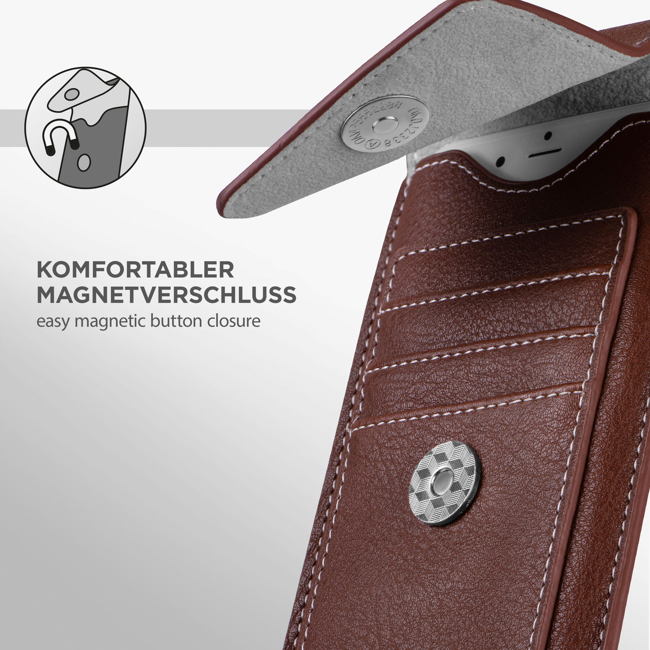 Braunes Leder-Telefonetui mit Magnetverschluss, weiße Nähte. Telefondetail im Hintergrund.