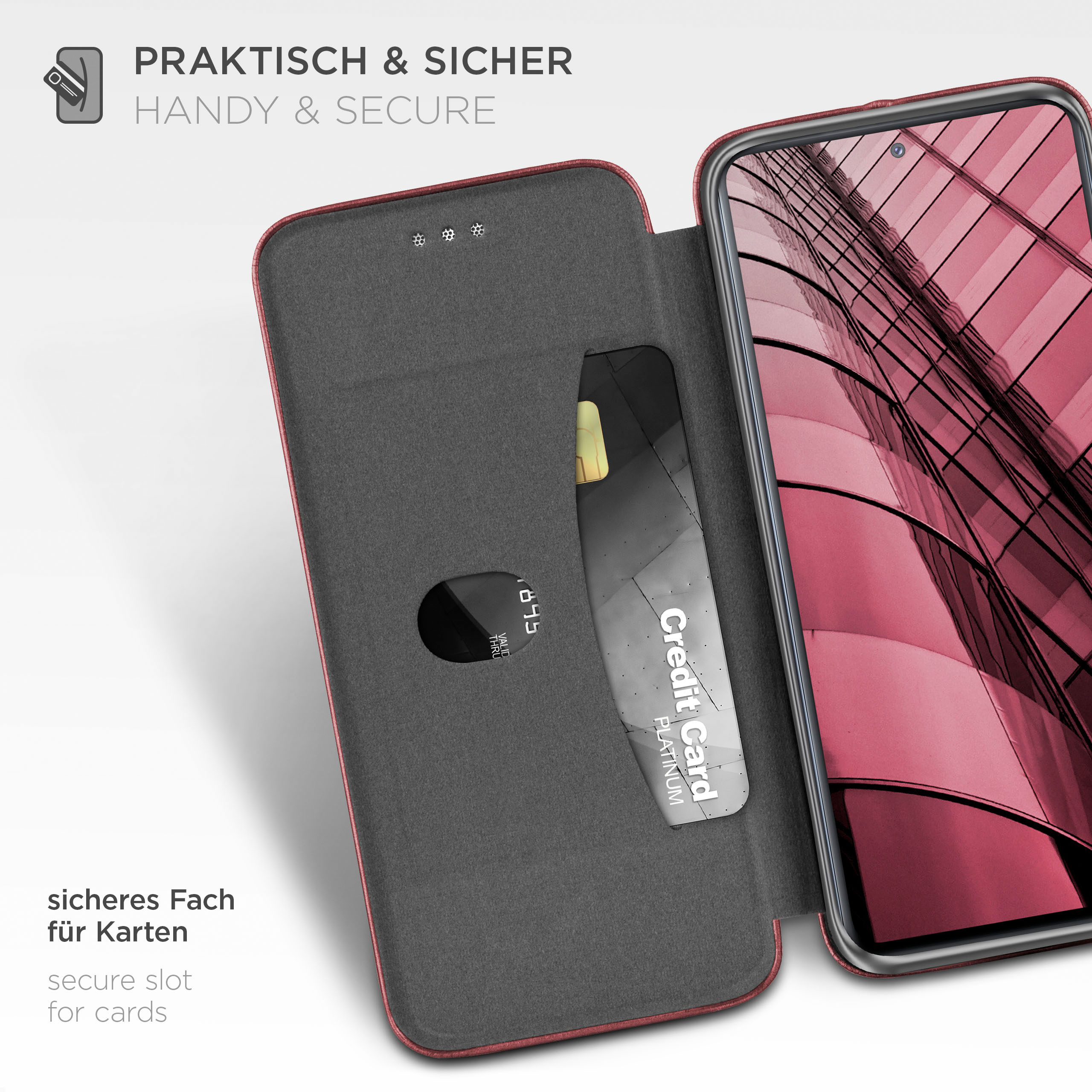 Eine Handyhülle mit Kartenfach. Eine Kreditkarte ist teilweise sichtbar, das Telefon ist offen.
