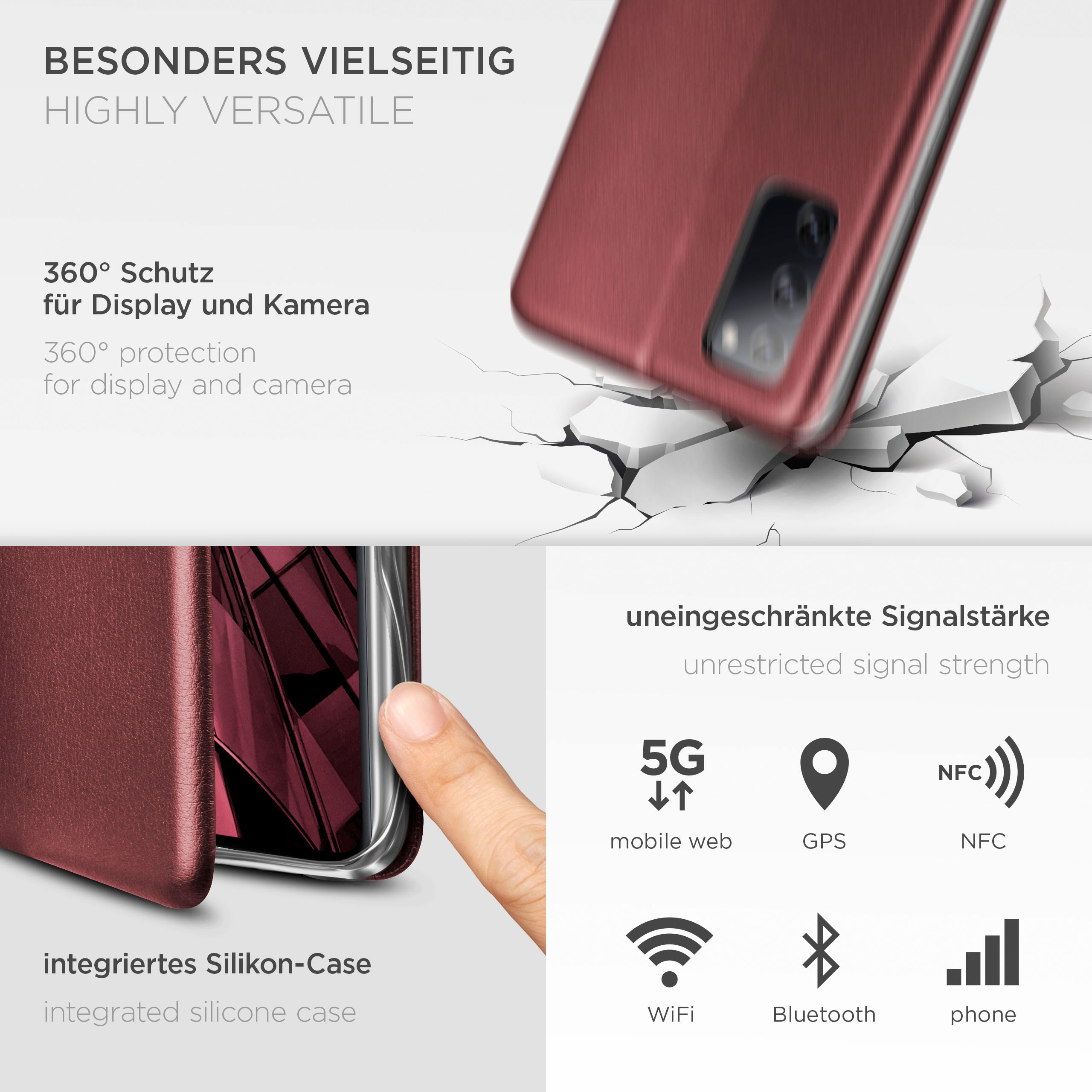 Burgunderfarbene Handyhülle mit Telefon darin. Symbole für 5G, GPS, NFC, WiFi, Bluetooth.