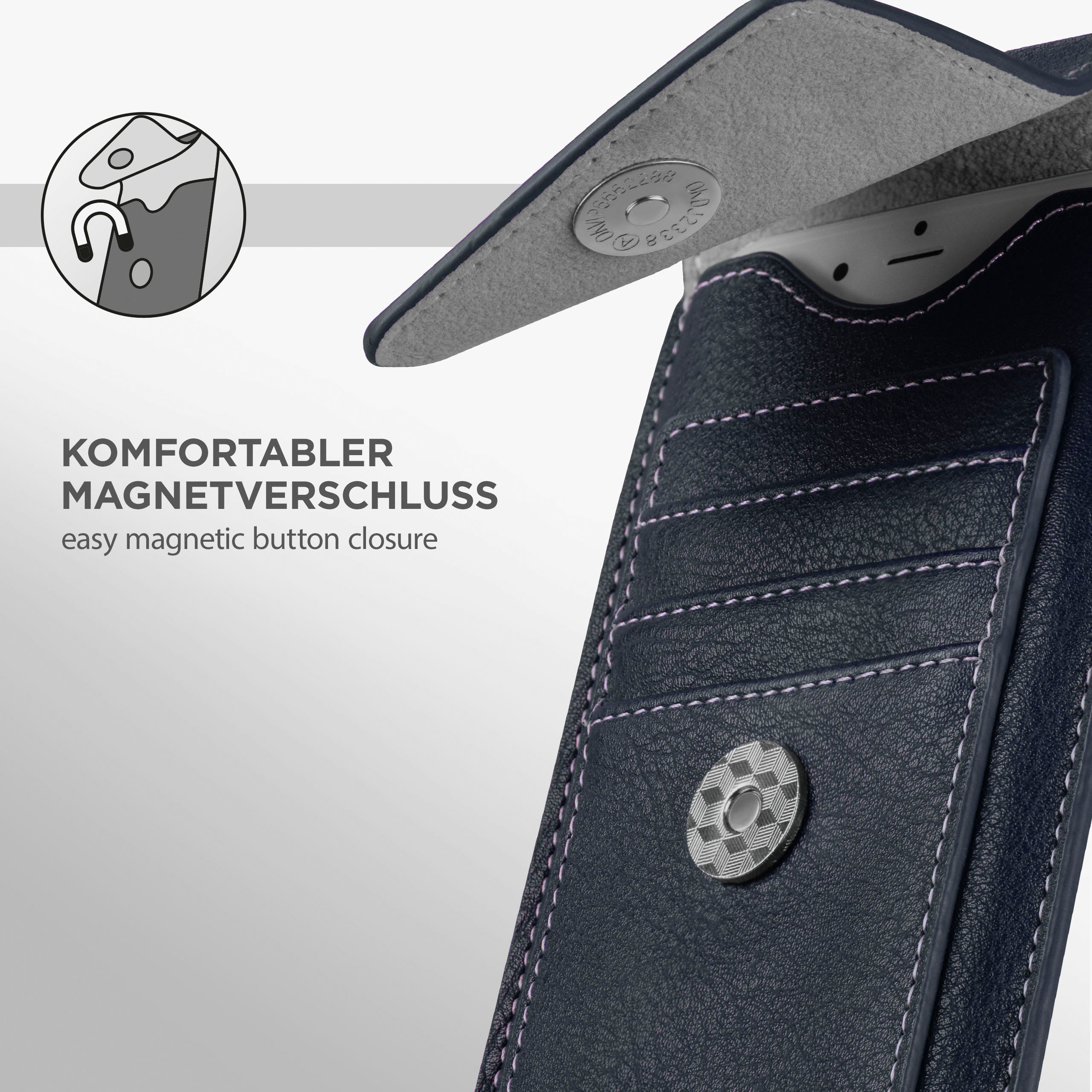 Marineblaues Handycase mit Magnetverschluss, sichtbares Handy. Weiße Nähte, drei Kartenfächer.