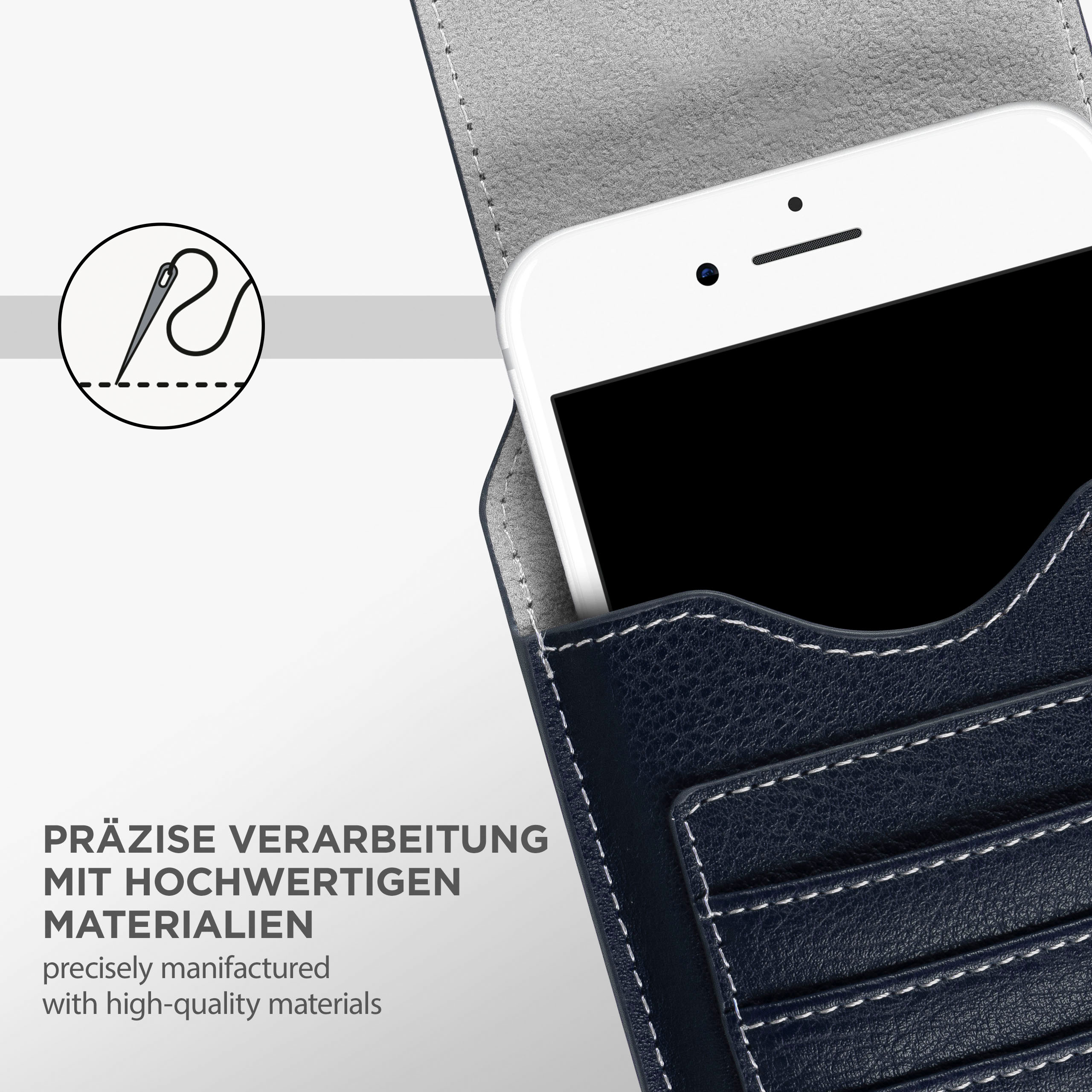 Eine blaue Leder-Handyhülle mit einem weißen Telefon im Inneren, mit Kartenfächern.