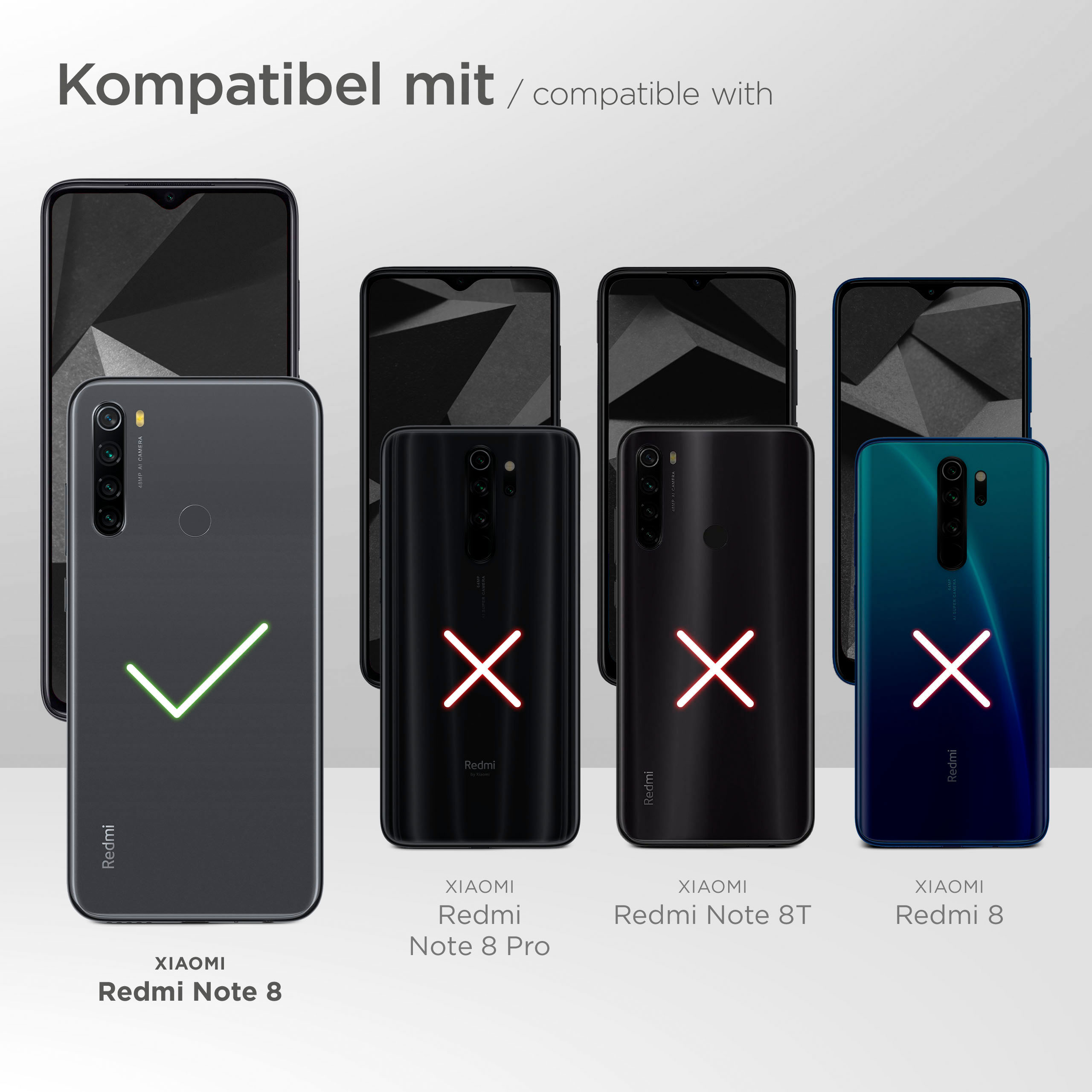 Verschiedene Telefone, mit einem grünen Häkchen neben einem und roten Xs neben anderen. Text zeigt Modellkompatibilität.