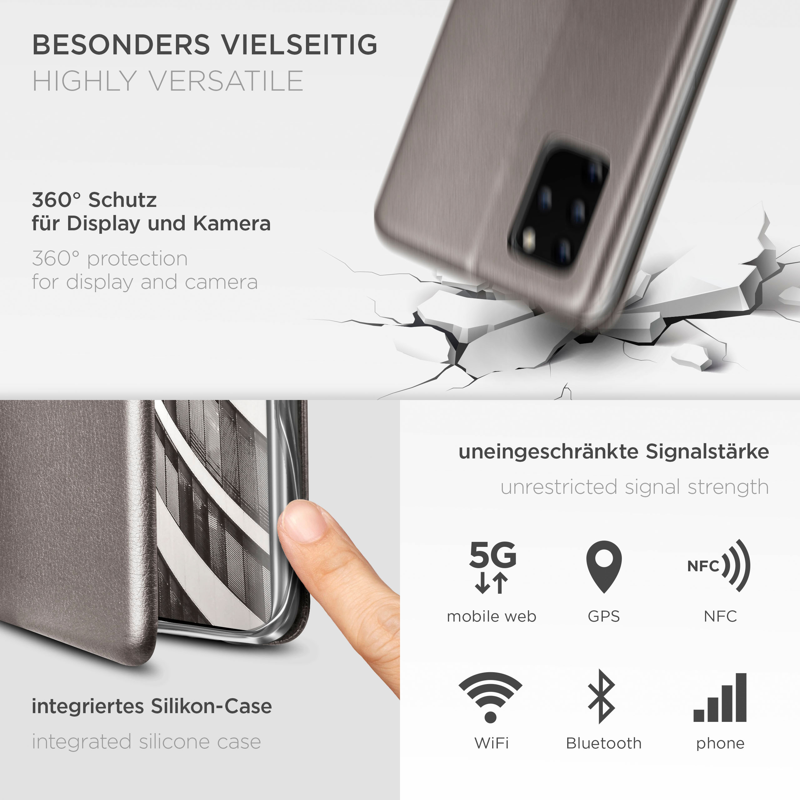 Graue Handyhülle mit zerbrochener Oberfläche darunter. Symbole für 5G, WiFi, Bluetooth und NFC.