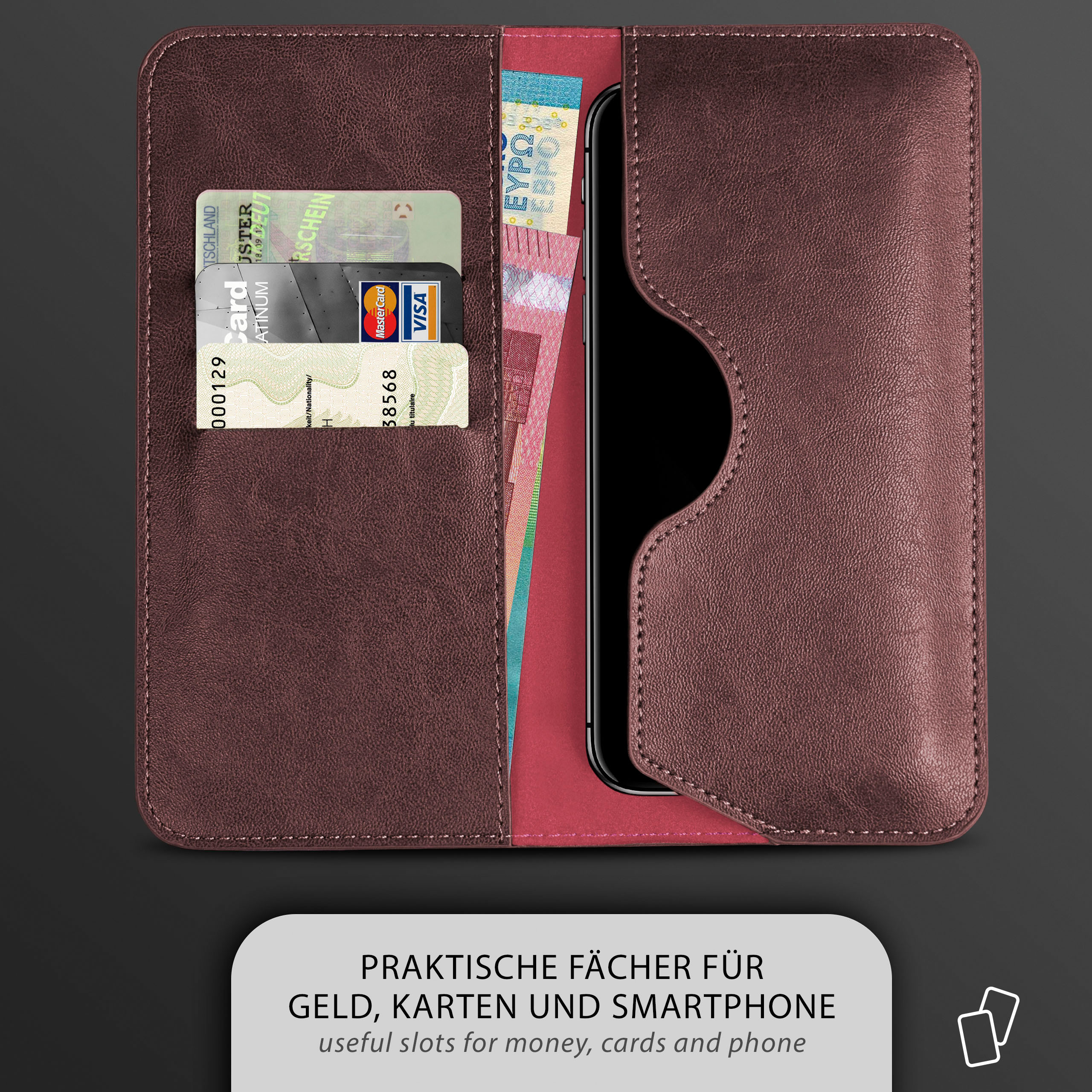 Bordeauxrote Geldbörse mit Karten, Geld und Telefon. Dunkler Hintergrund. Text: nützliche Fächer.