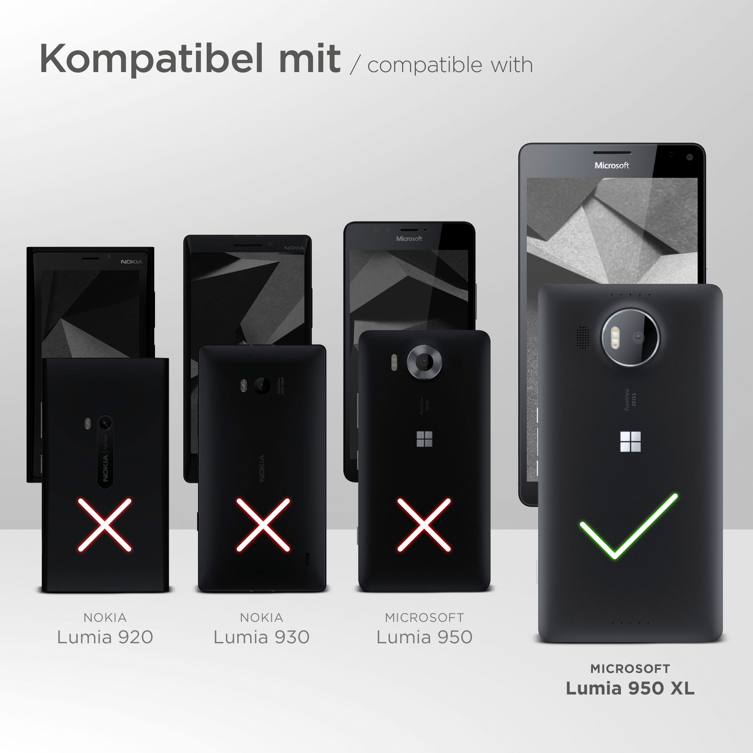 Verschiedene Telefone mit Häkchen und X. Das Microsoft Lumia 950 XL ist kompatibel.