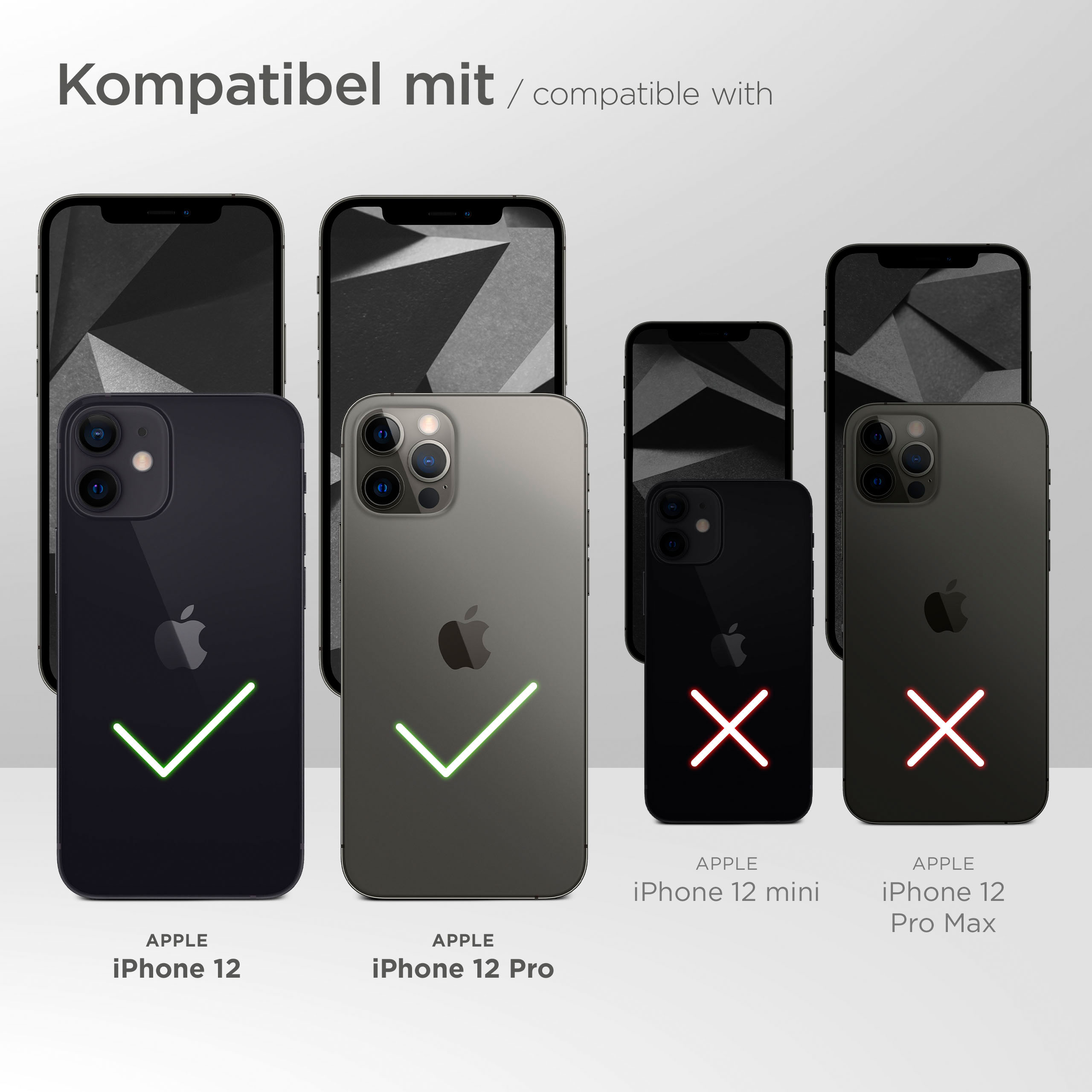 Kompatibilitätstabelle mit iPhone 12, 12 Pro, nicht Mini oder Pro Max.