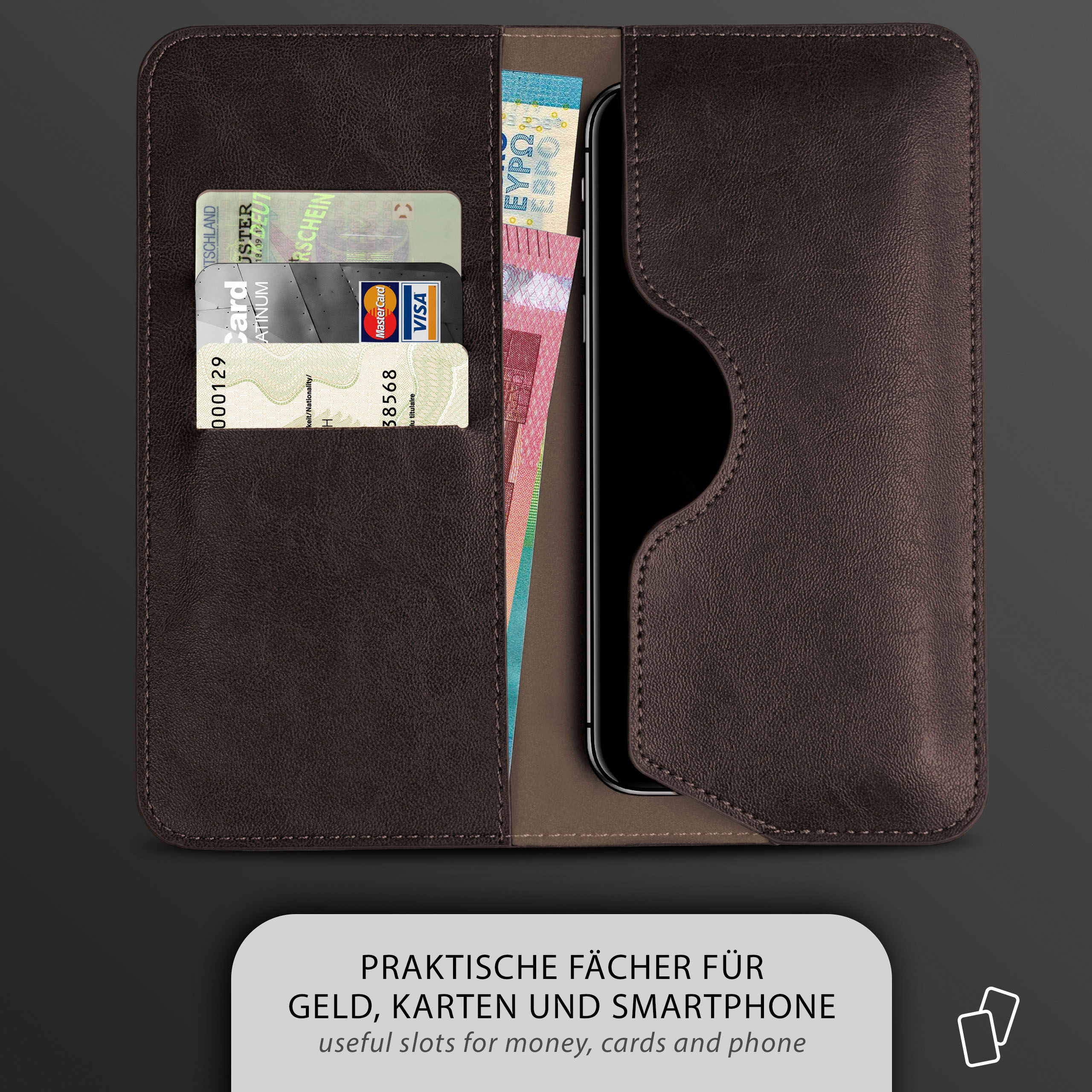 Braune Handyhülle mit Karten und Geld. Nützliche Fächer für Geld, Karten und Telefon.