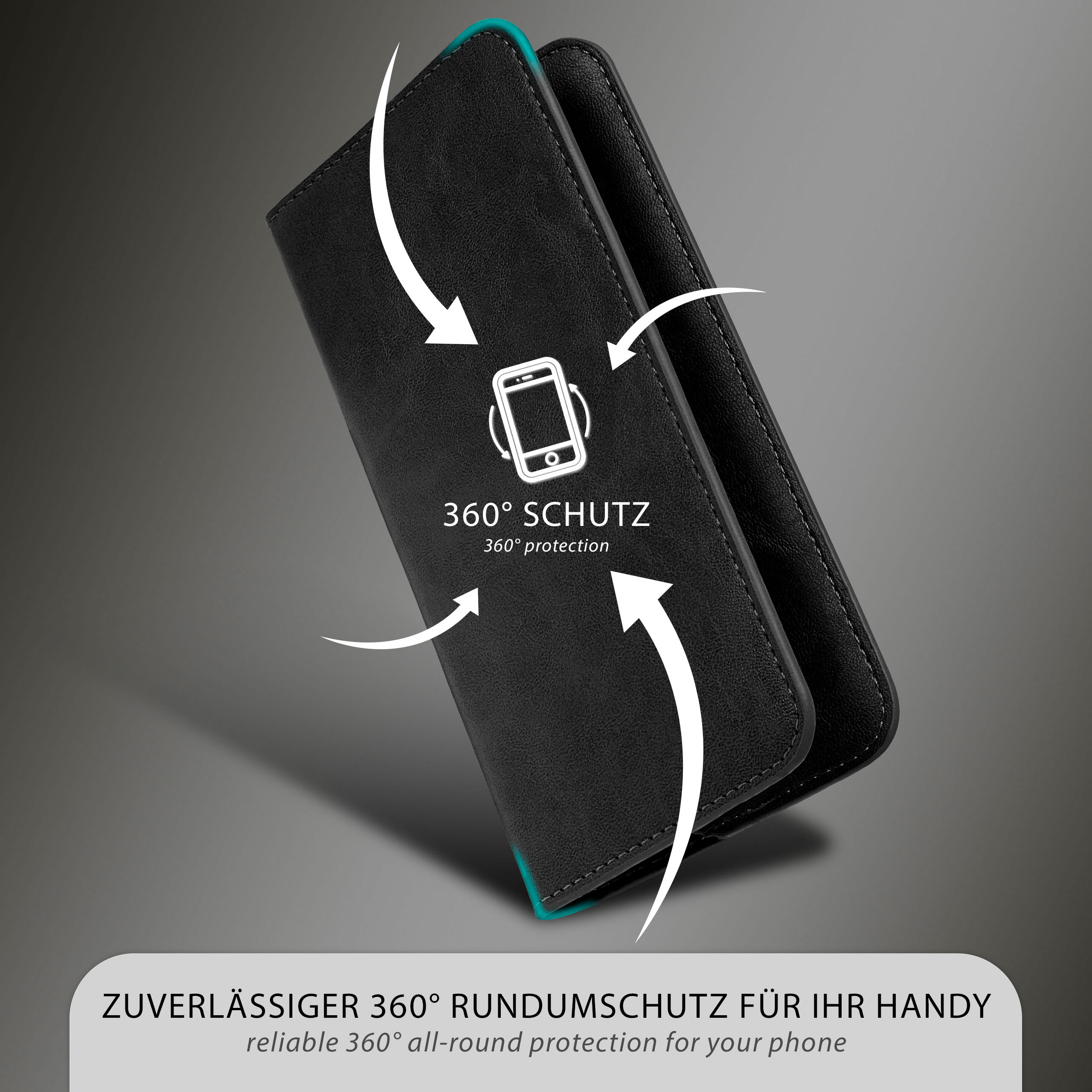 Schwarze Handyhülle mit weißen Pfeilen und Text. Zeigt 360°-Schutz.