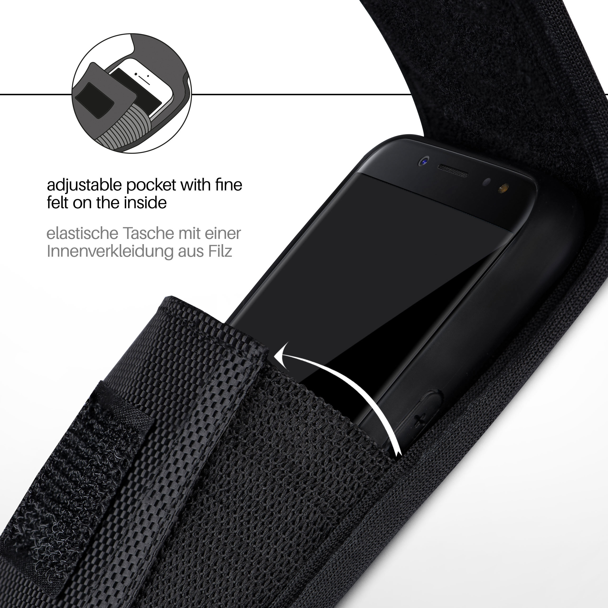 Schwarzes Telefon in schwarzem Gehäuse. Text: 'verstellbare Tasche mit feinem Filz innen'.
