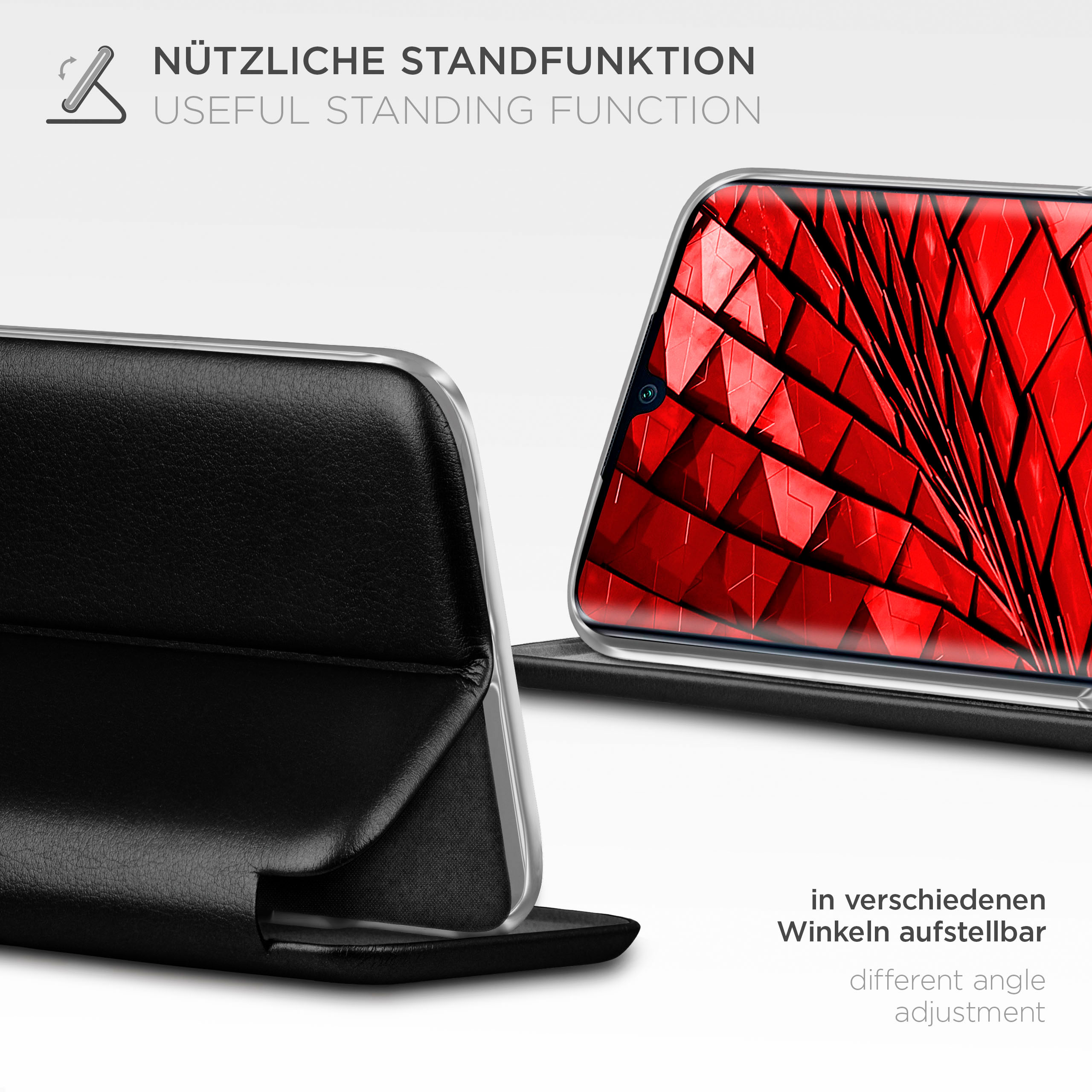 Schwarze Handyhülle mit Handy. Das Handy zeigt ein rotes geometrisches Muster.