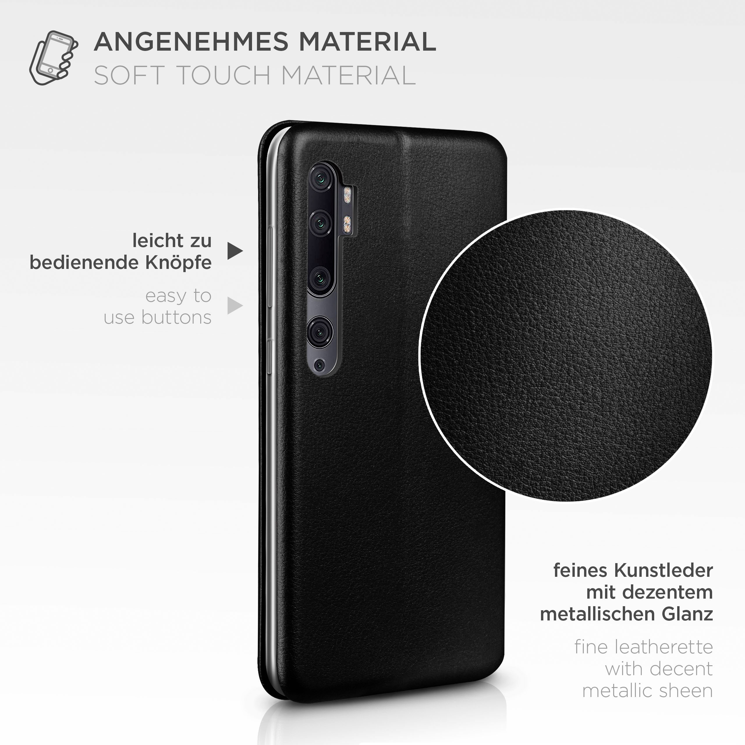 Eine schwarze Handyhülle mit einem Telefon darin, die Hülle hat eine Lederstruktur.