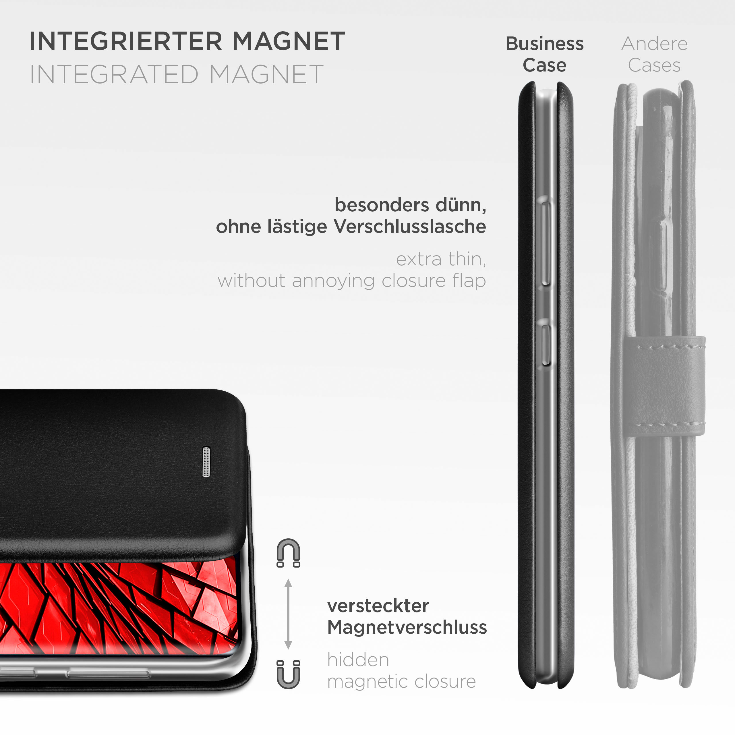 Handyhülle mit Telefon. Text: 'Integrierter Magnet' und 'extra dünn, ohne störende Verschlusslasche'.