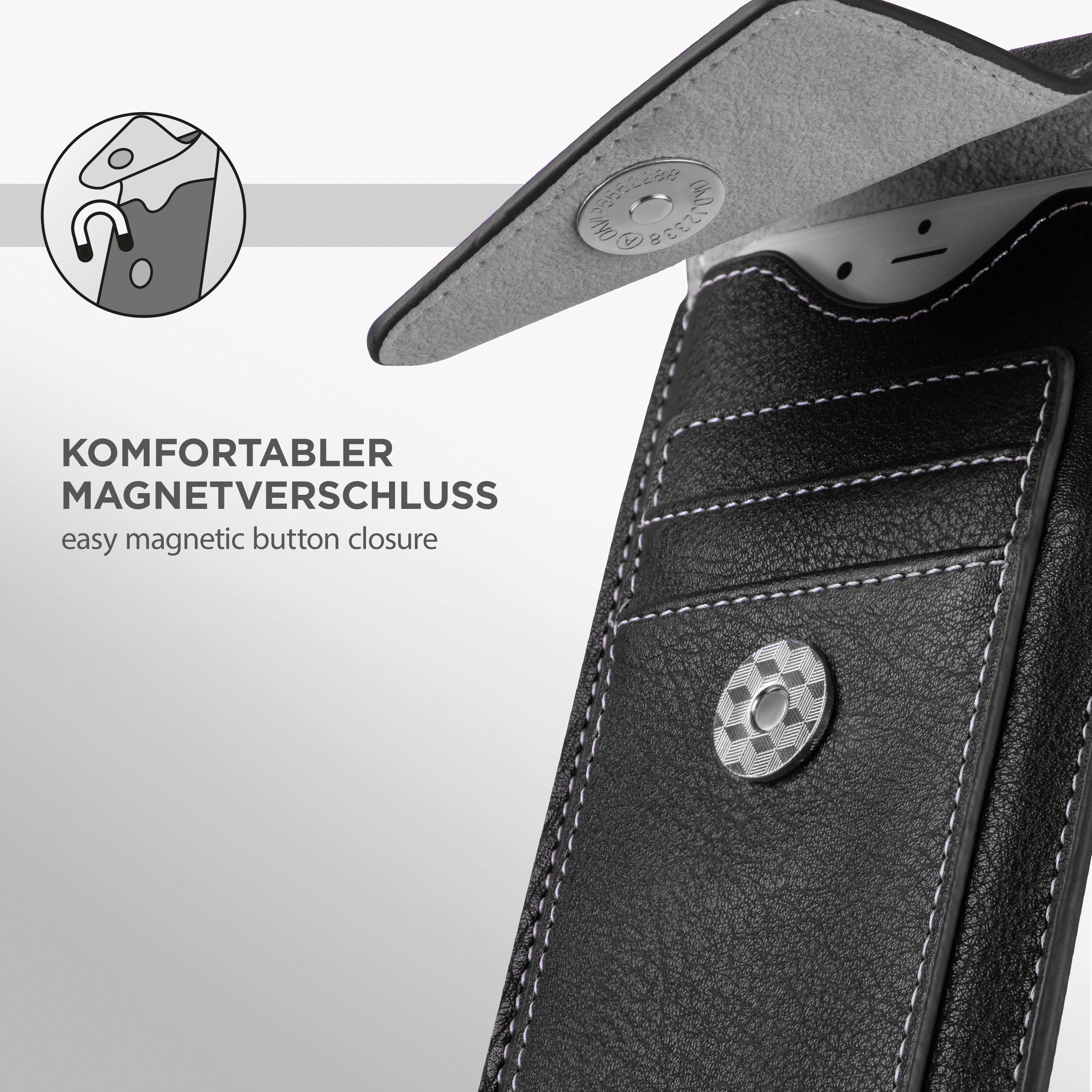 Schwarze Leder-Handyhülle mit weißen Nähten, Magnetverschluss und Kartenfächern.
