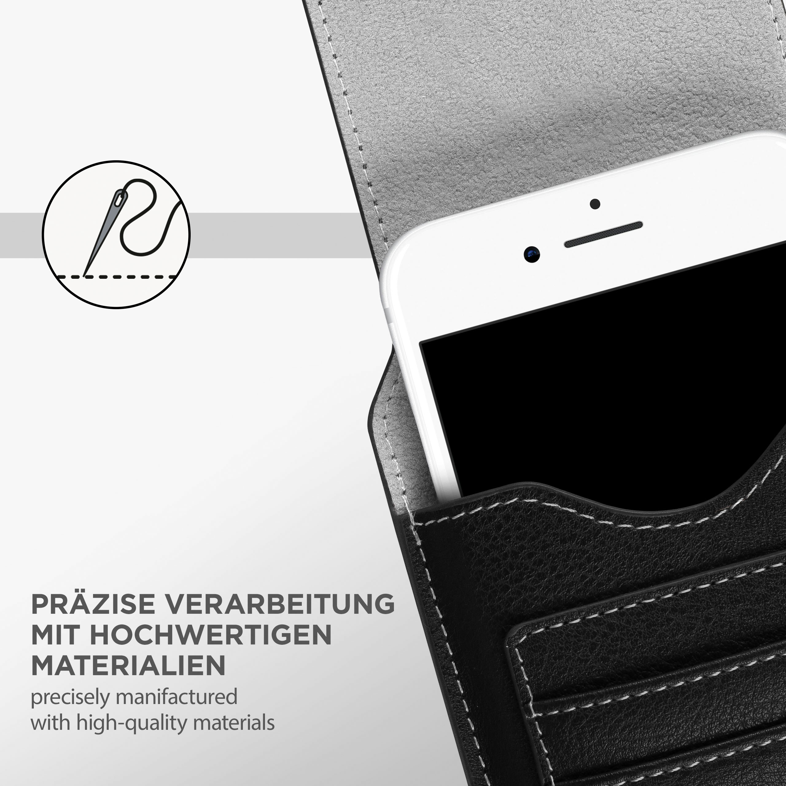 Schwarze Handyhülle mit weißem Telefon. Text: präzise gefertigt mit hochwertigen Materialien.
