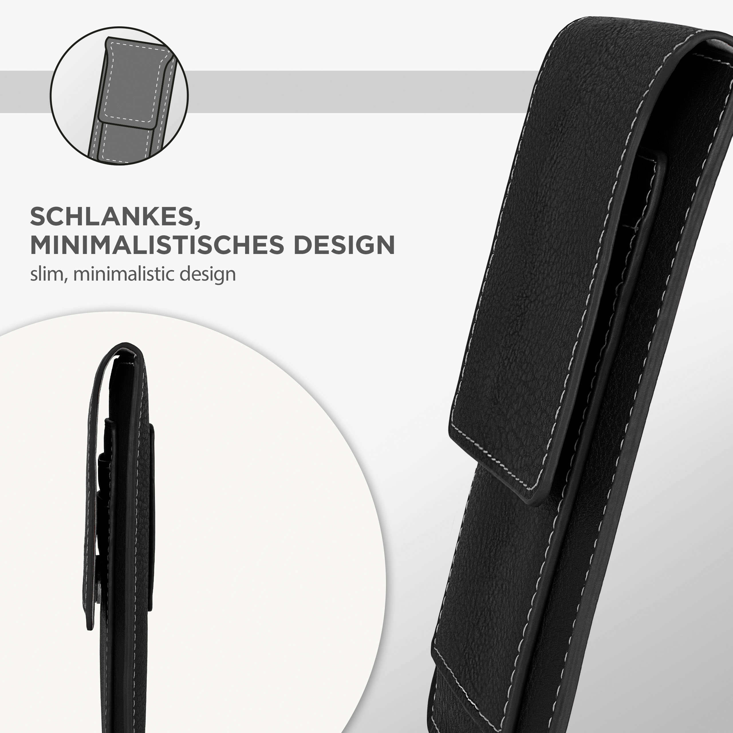 Schwarze Handyhülle, minimalistisches Design. Weiße Nahtdetails. Nahaufnahme von der Seite.