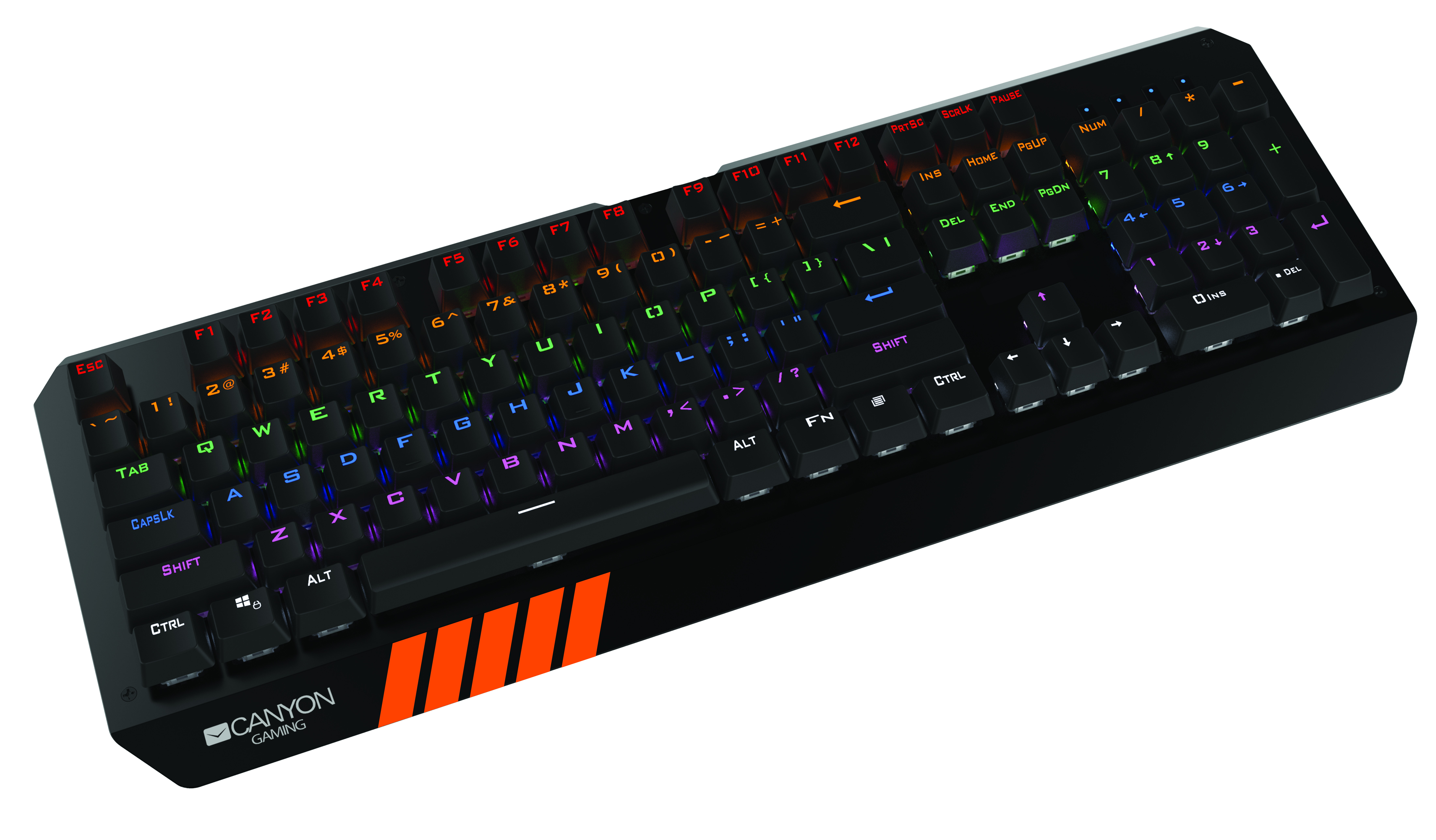 Tastiera da gioco Canyon nera con tasti arcobaleno. Strisce arancioni in basso a destra.