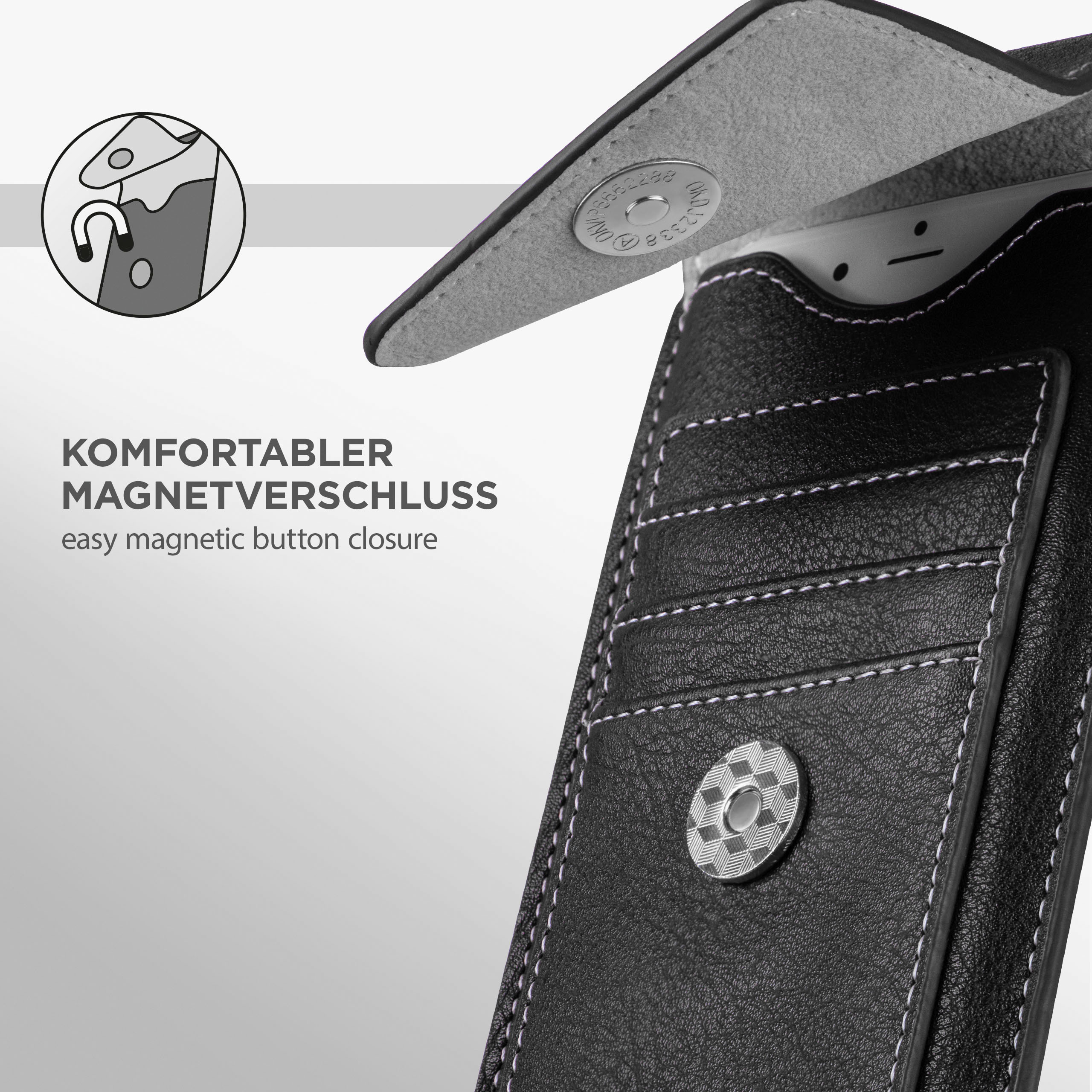 Schwarze Handyhülle mit Magnetverschluss und Telefon darin.