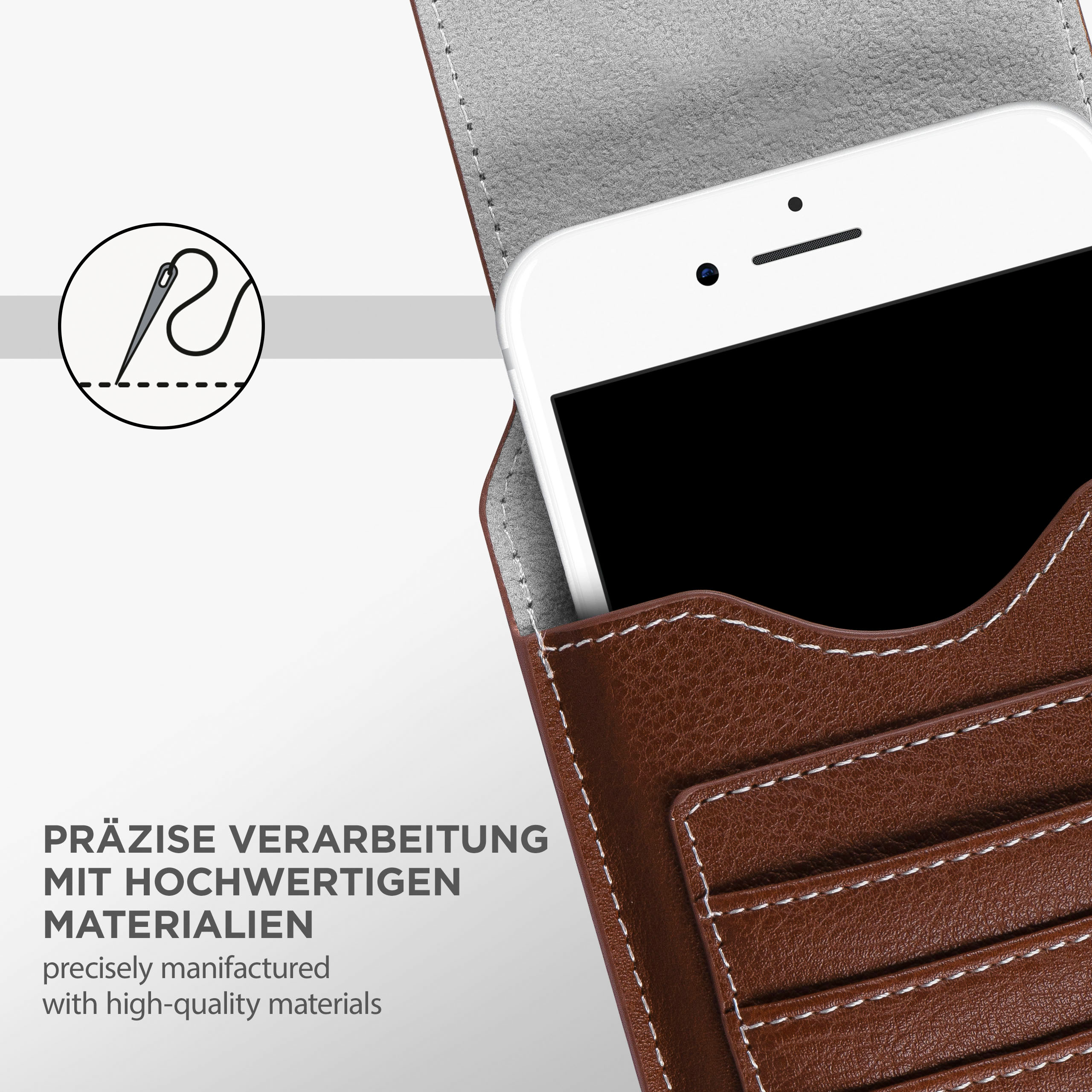 Ein Telefon in einer braunen Lederhülle, das weiße Nähte und hochwertige Materialdetails zeigt.