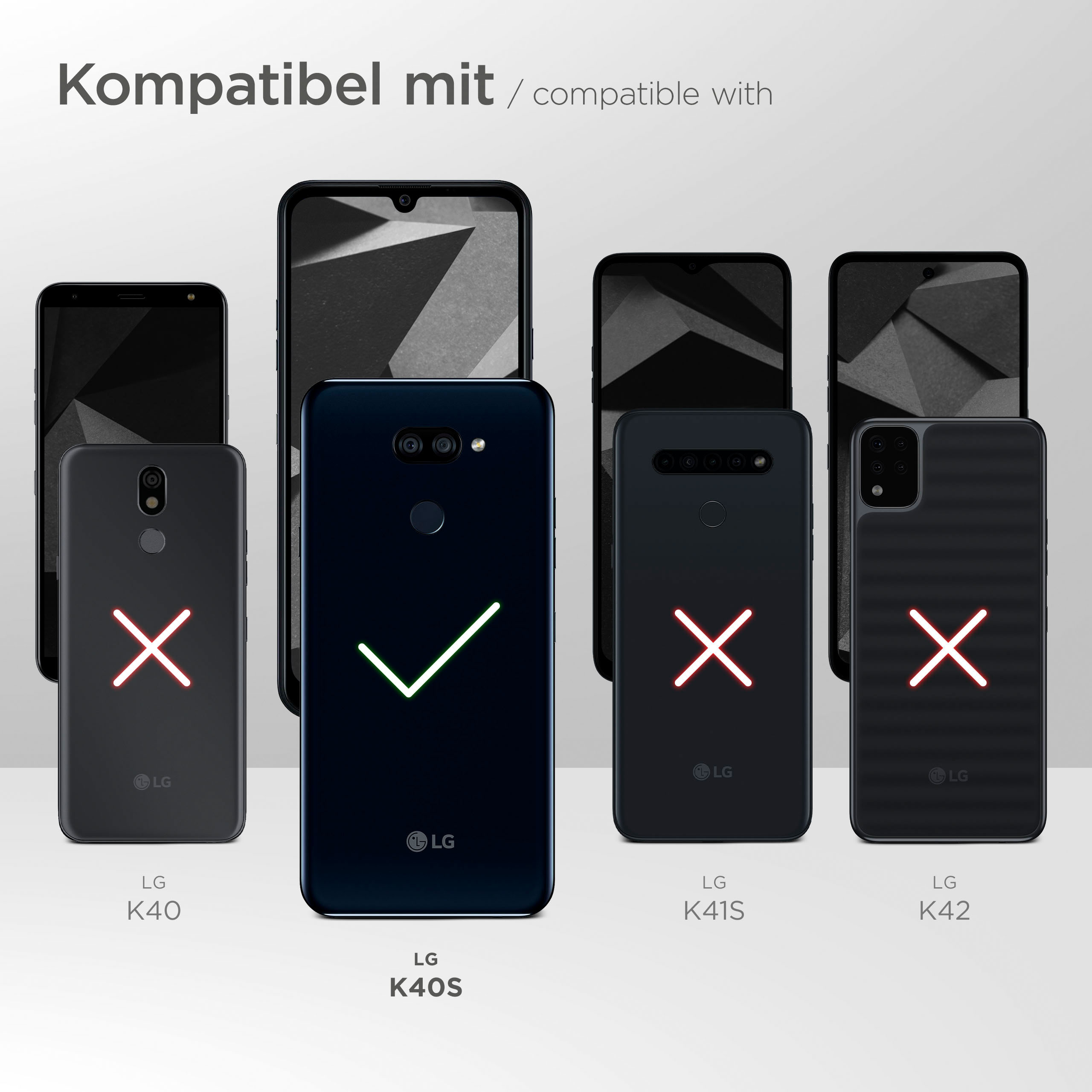 Das Bild zeigt Handys und Hüllen. LG K40S ist kompatibel. Andere Telefone haben ein rotes X.