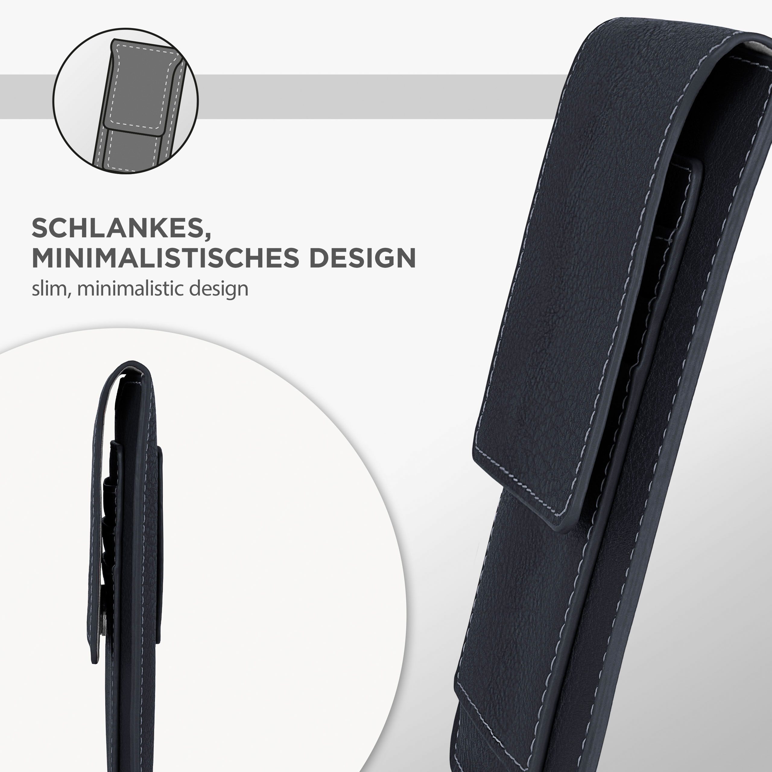 Nahaufnahme einer dunkelblauen Hülle mit Text: schlankes, minimalistisches Design.