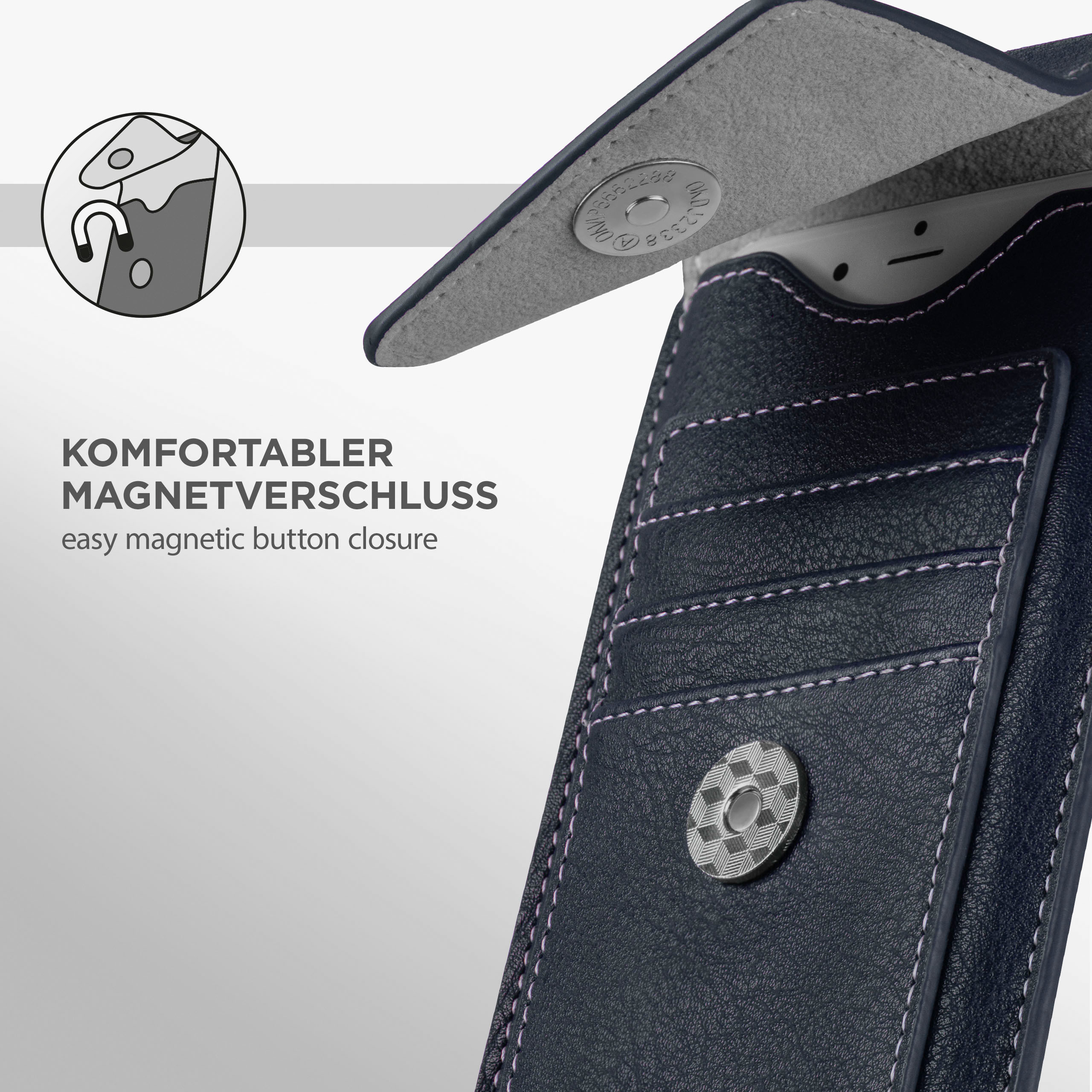 Nahaufnahme einer Handyhülle. Magnetverschluss und Nahtdetails sind sichtbar.