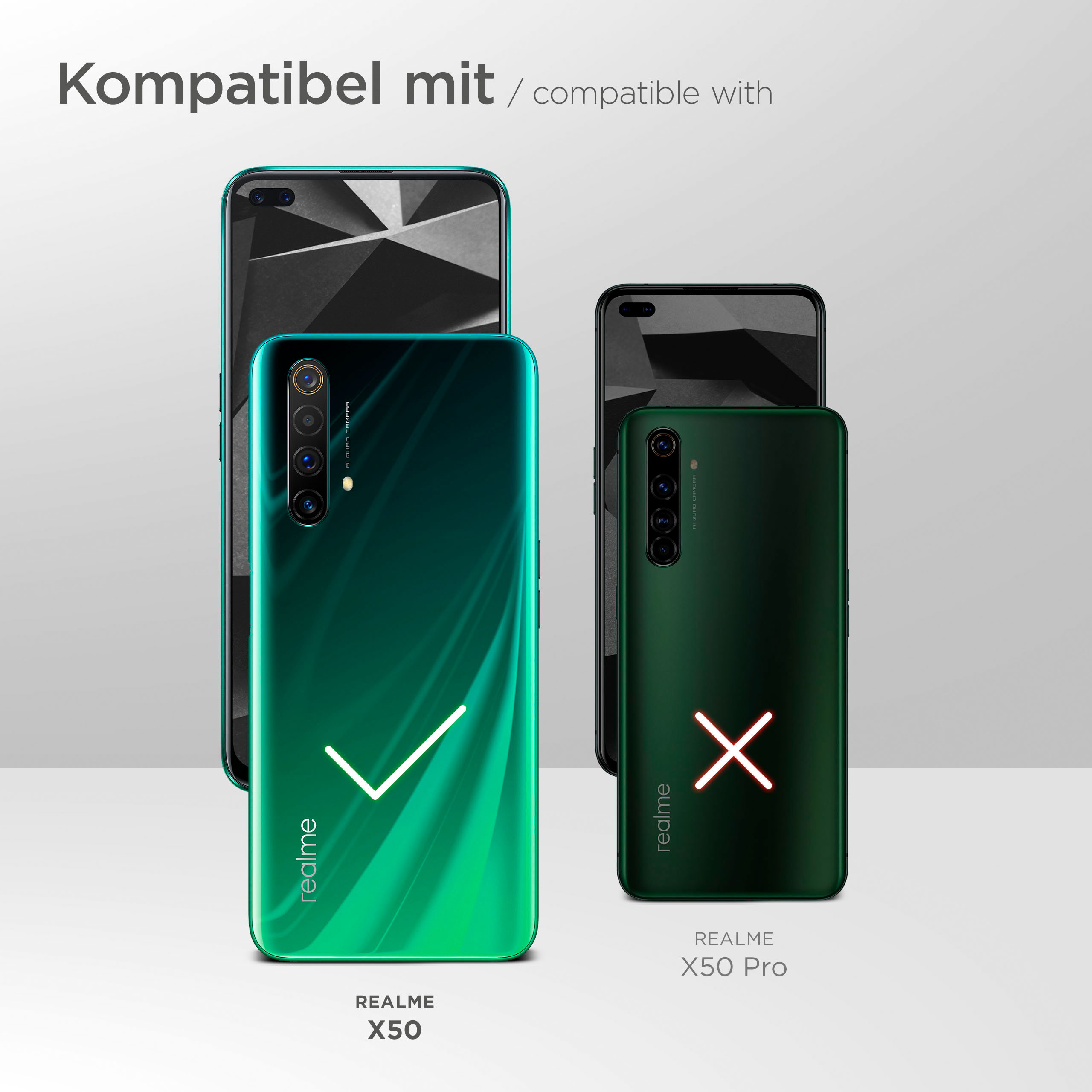 Telefone: Realme X50 und X50 Pro. X50 ist grün und genehmigt, X50 Pro ist dunkelgrün und abgelehnt.