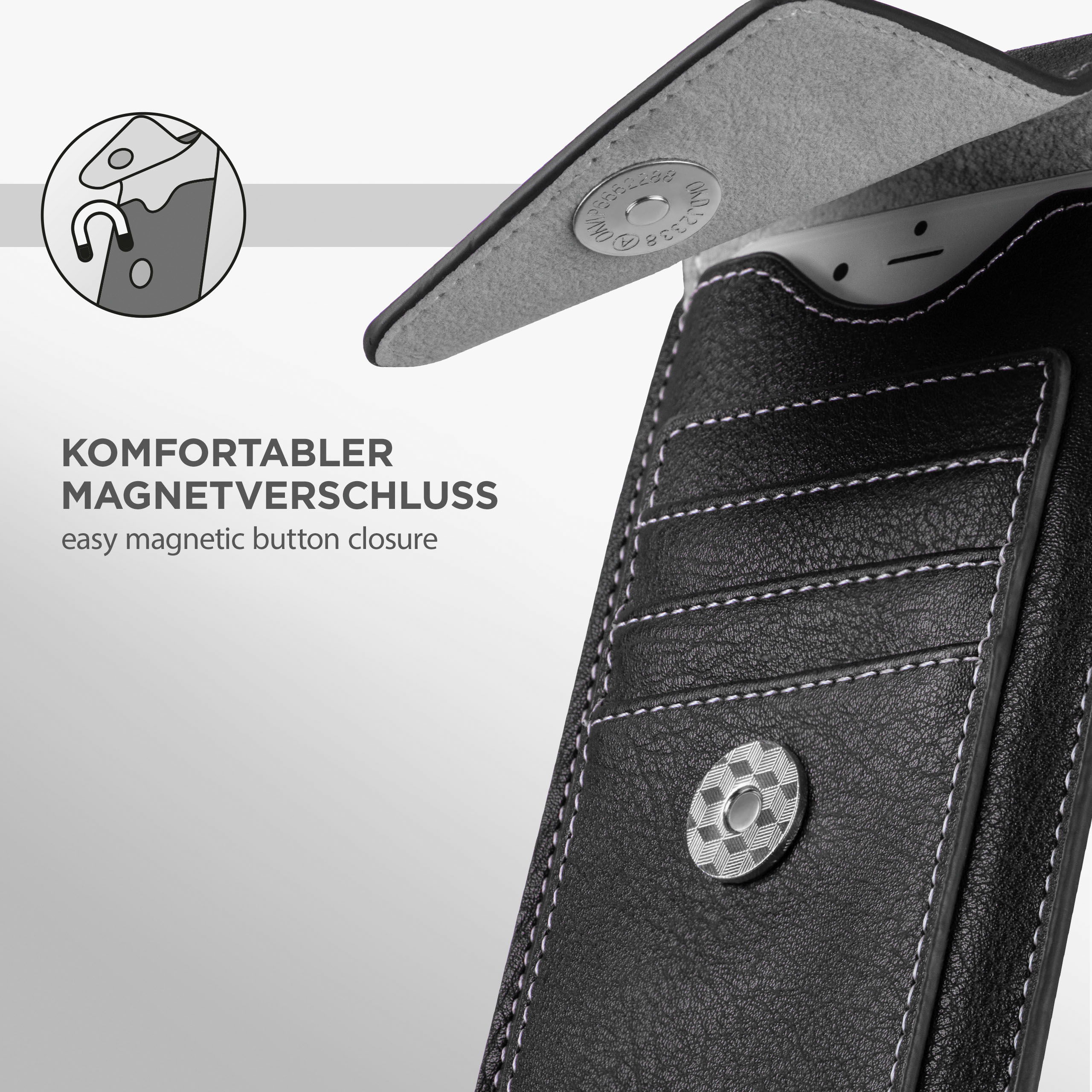 Schwarze Leder-Handyhülle mit Magnetverschluss. Das Telefon ist teilweise sichtbar.