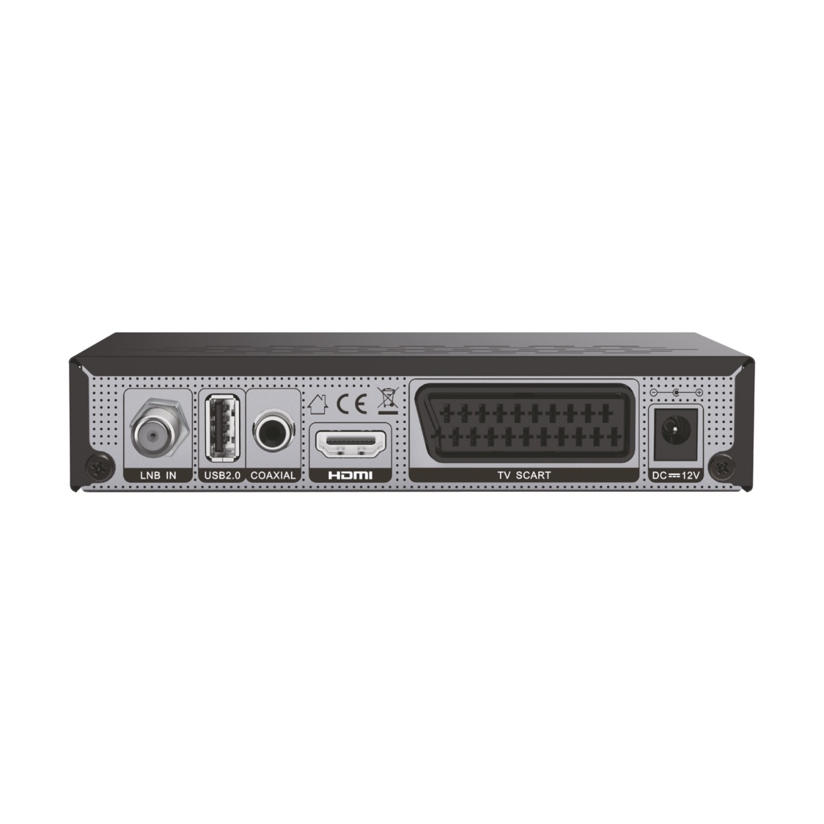 Rückseite einer schwarzen Set-Top-Box mit Anschlüssen: LNB, USB, HDMI, SCART und Stromeingang.