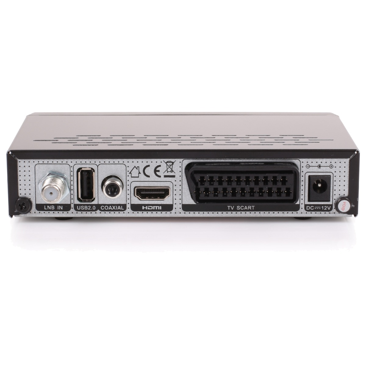 Rückseite einer schwarzen Set-Top-Box. Anschlüsse auf der Rückseite. Text: LNB IN, USB2.0, COAXIAL, HDMI, TV SCART, DC 12V.