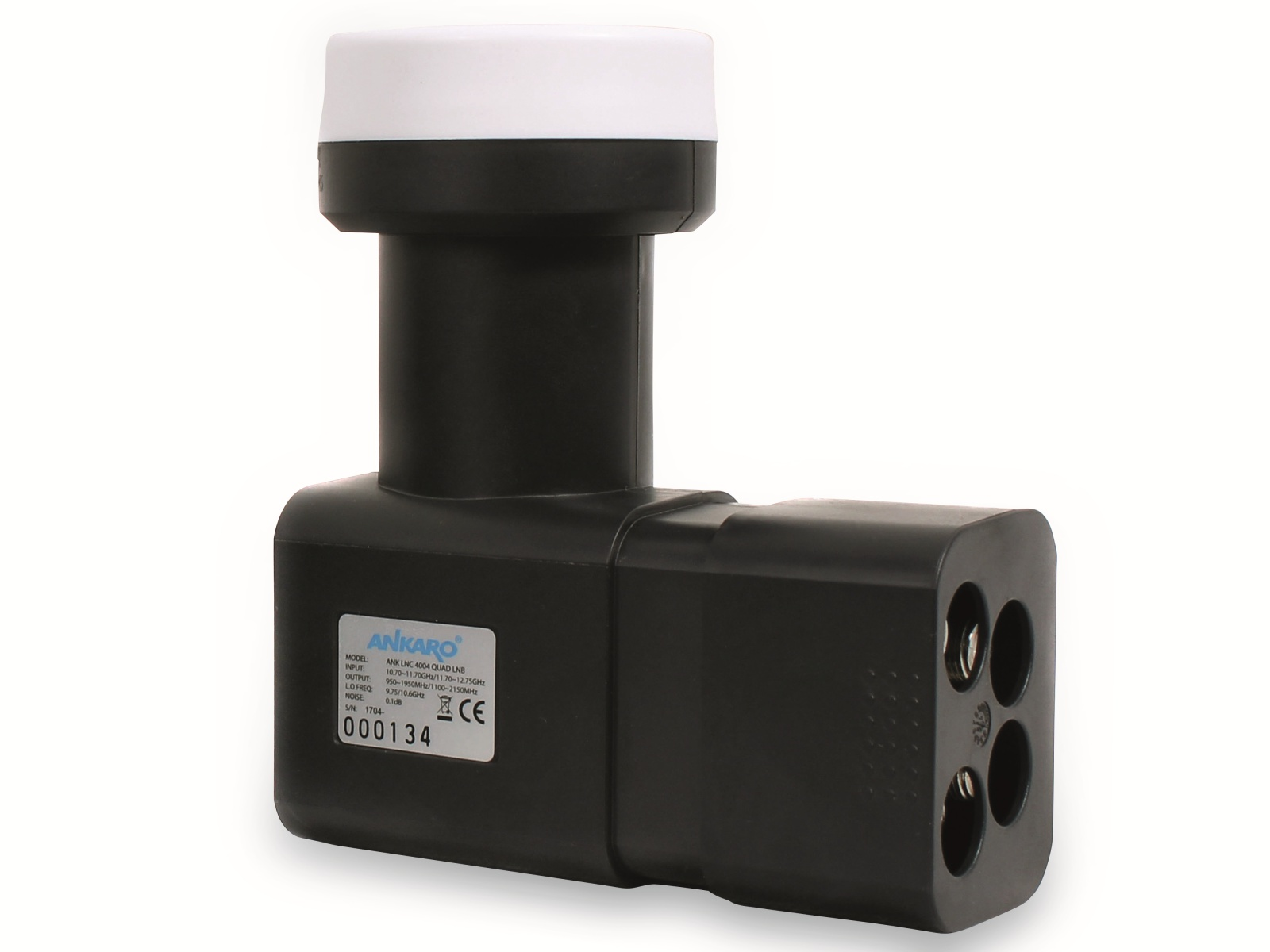 Schwarzer LNB mit weißer Kappe. Abgewinkelte Form mit mehreren Anschlüssen.