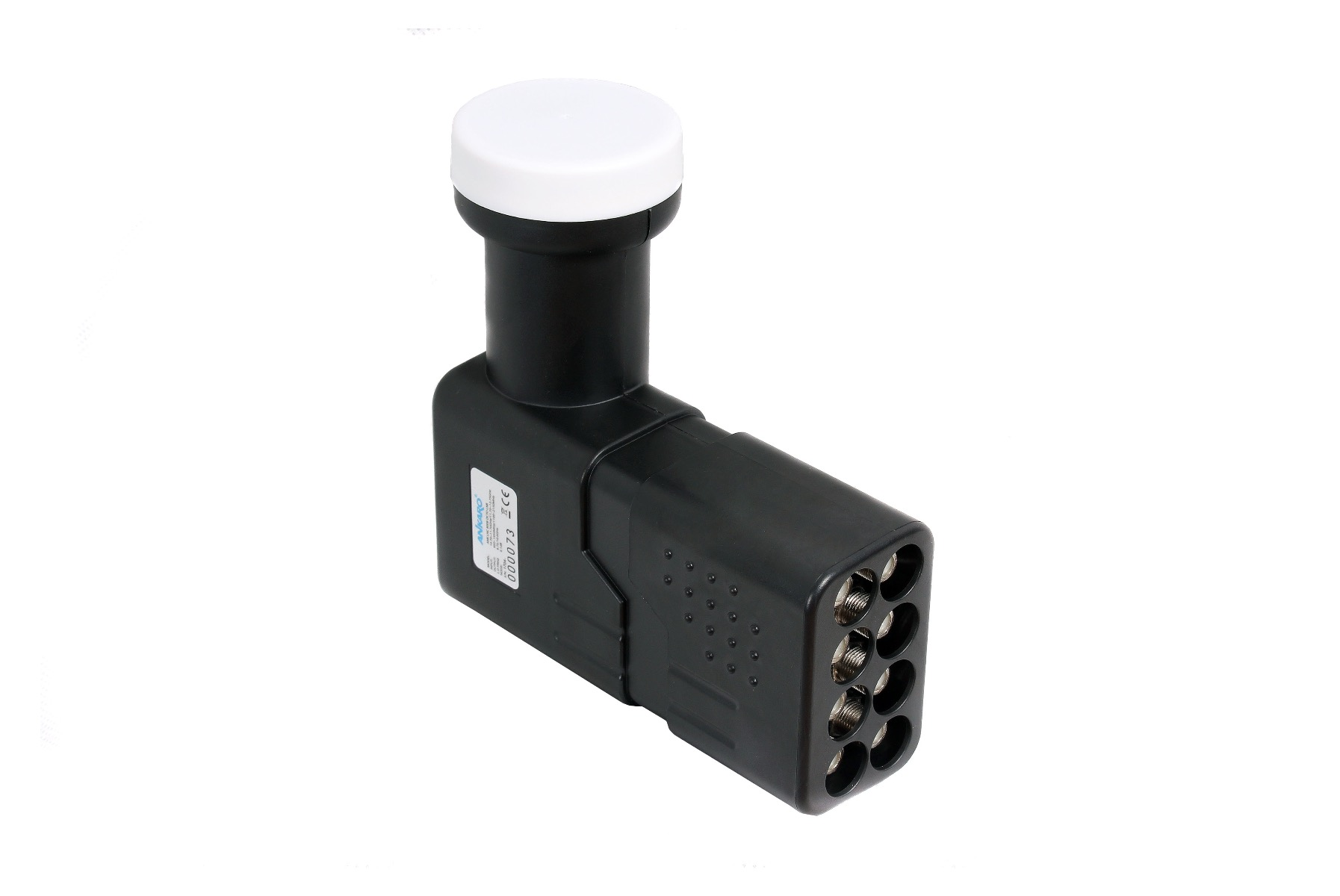 Schwarzer LNB-Satellitenkonverter mit weißem Deckel, mehreren Ausgängen und einem Etikett.