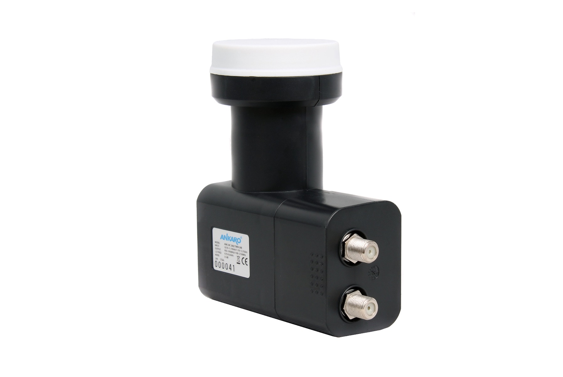 Schwarzes LNB, ein Gerät zum Empfang von Satellitensignalen, mit weißer Oberseite und zwei F-Anschlüssen.