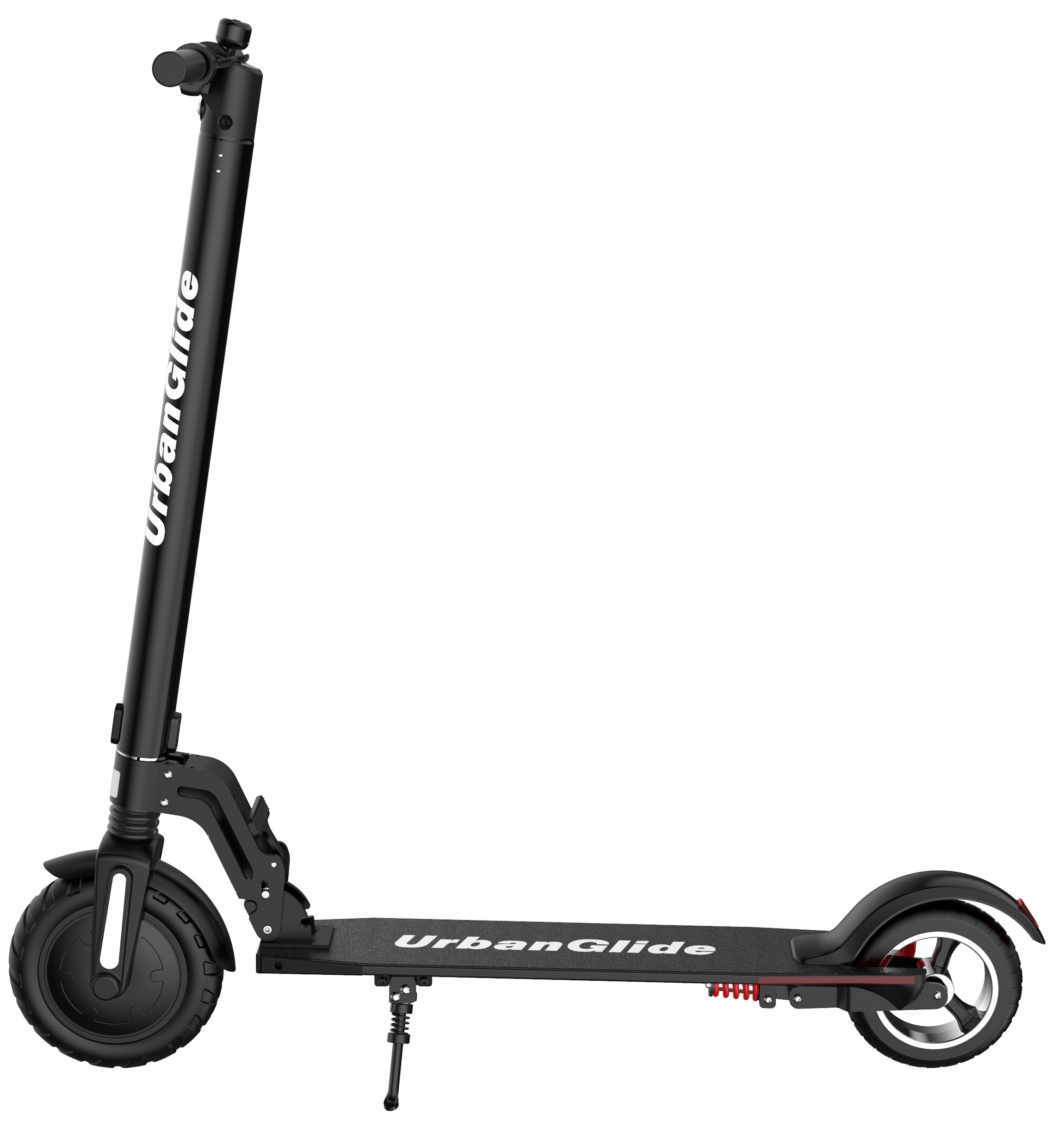 Patinete eléctrico UrbanGlide negro. Vista lateral: plataforma, ruedas, manillar y mecanismo plegable.