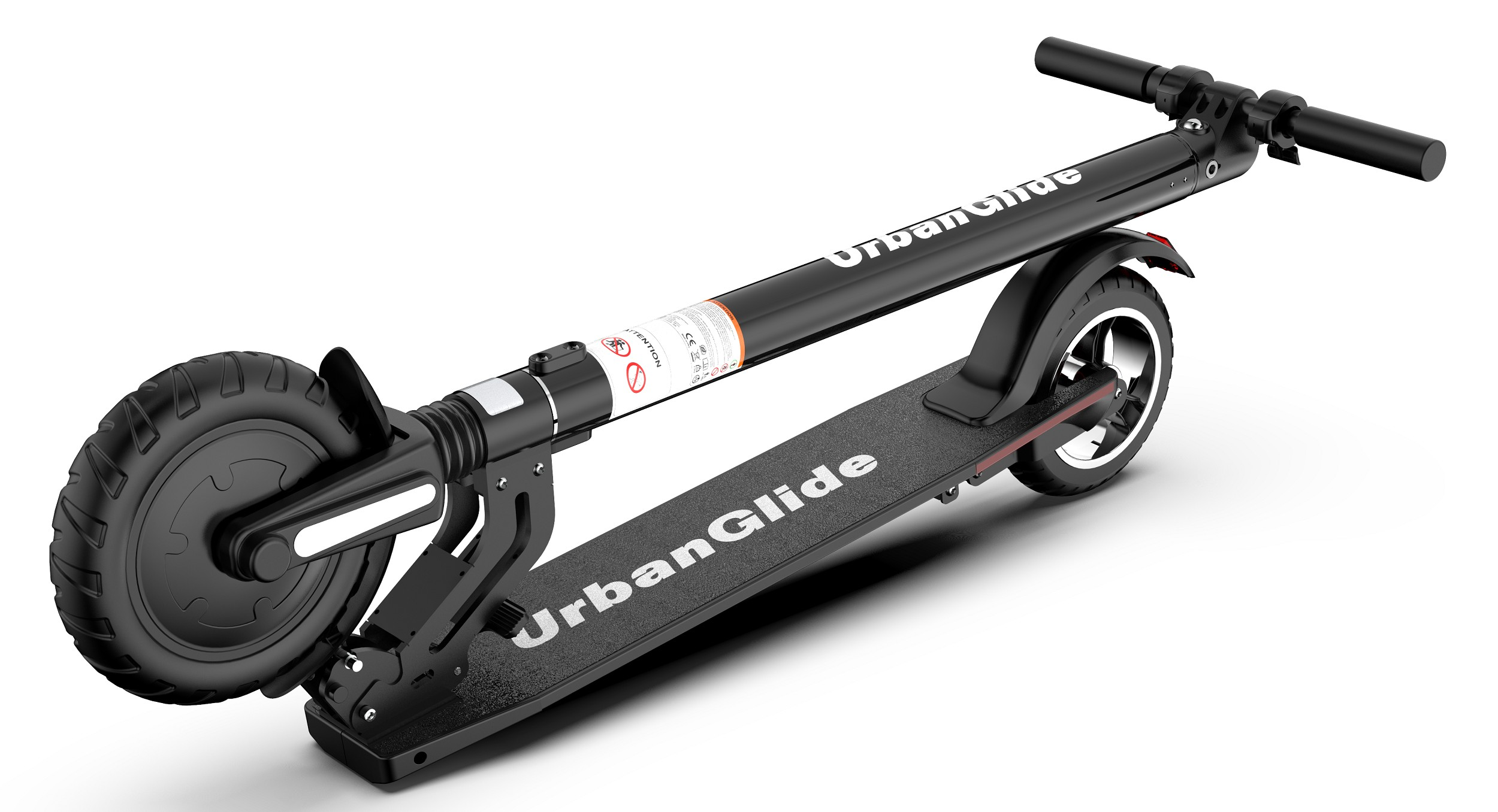 Patinete eléctrico negro y rojo sobre fondo blanco. Con la palabra 'UrbanGlide'.