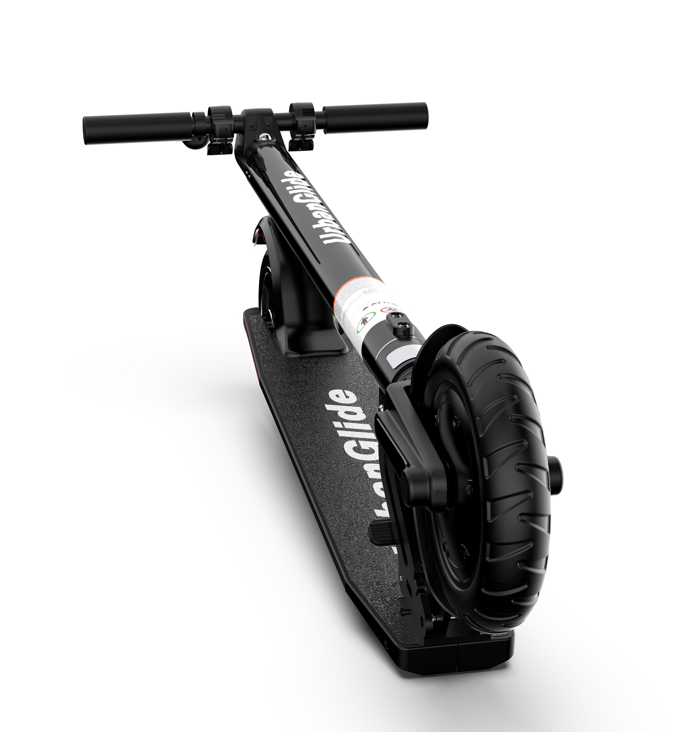 Scooter eléctrico negro y gris sobre blanco. Logotipo UrbanGlide visible. Vista superior.