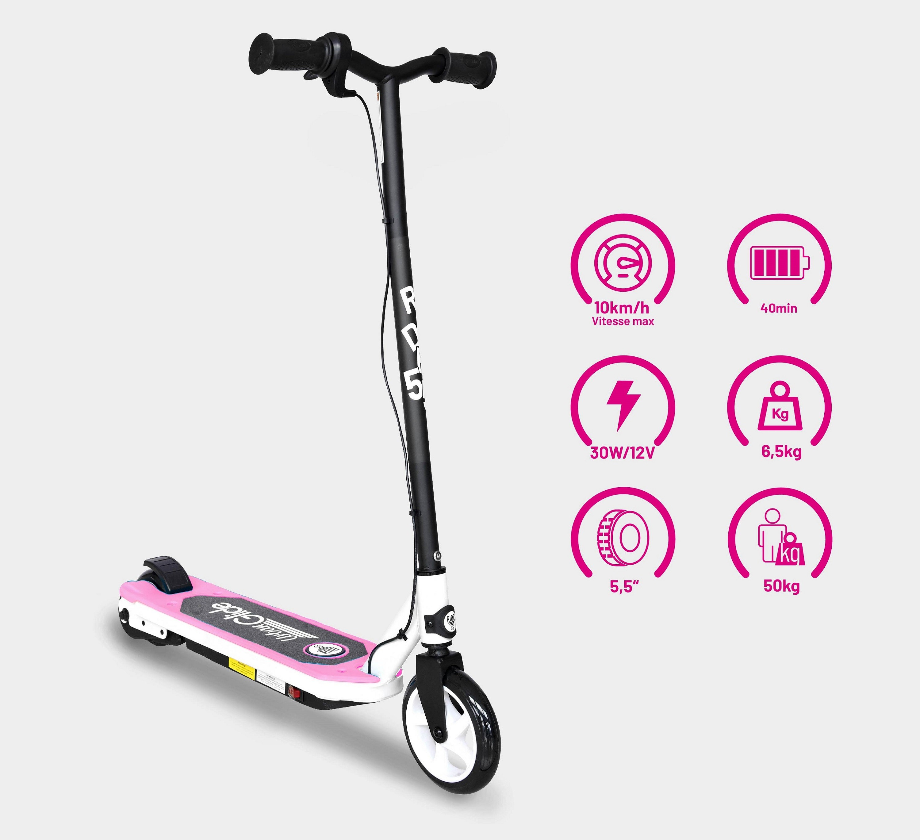 Scooter rosa con dettagli neri e bianchi. Varie icone con testo e dati attorno allo scooter.
